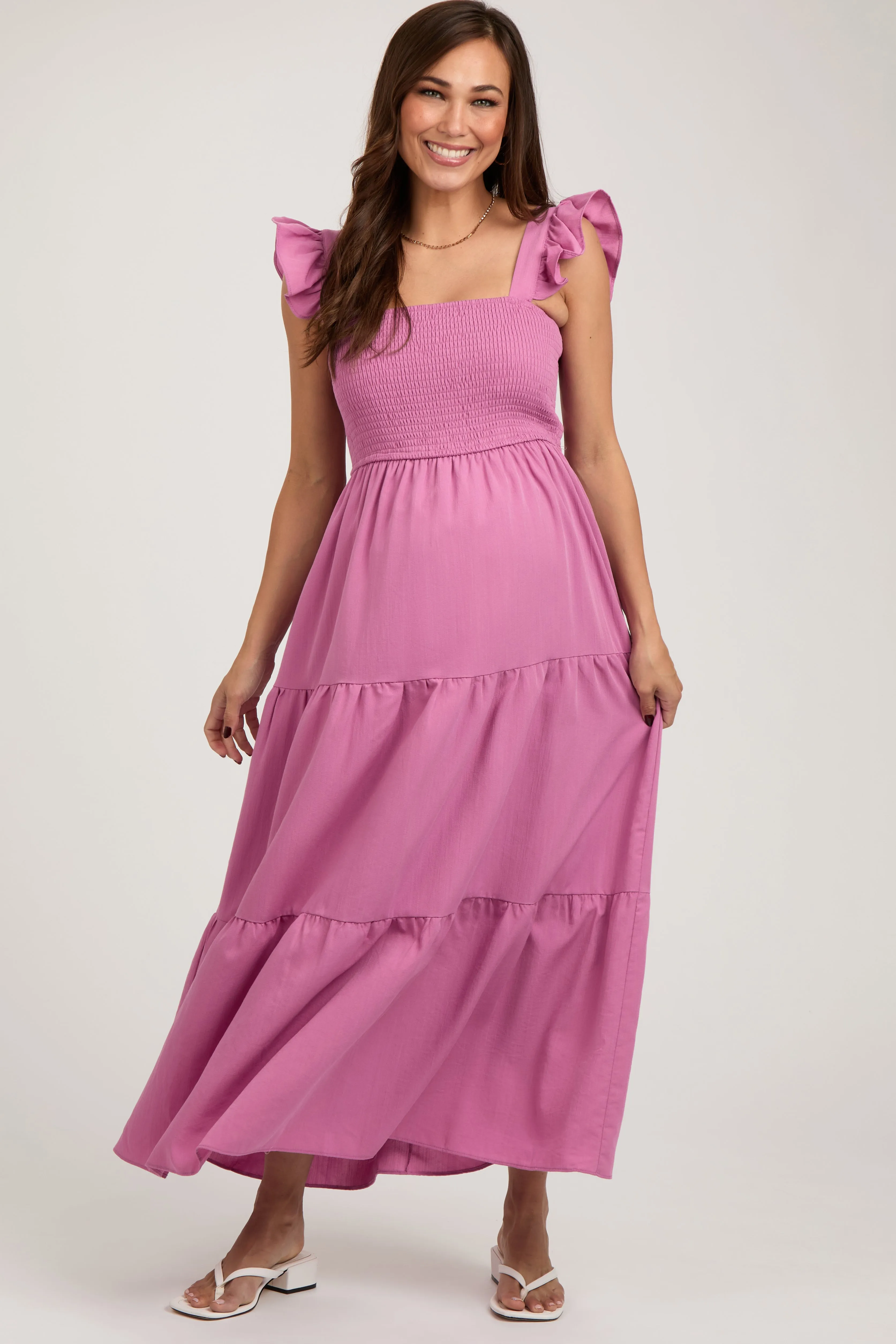 Mauve Sleeveless Smocked Tiered Maternity Maxi Dress sold by Pinkblush