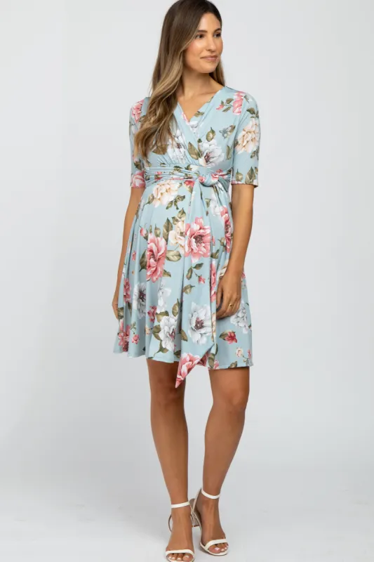 Light Blue Floral Maternity Wrap Dress sold by Pinkblush