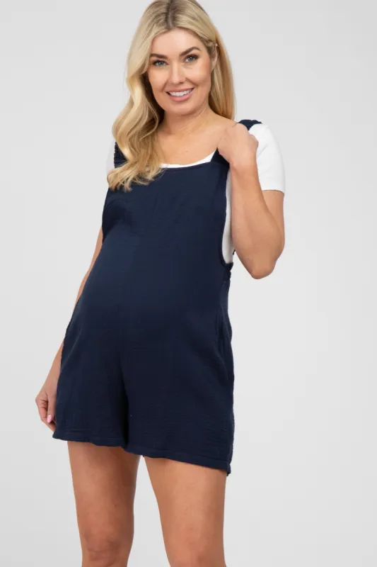 Navy Blue Square Neck Elastic Strap Maternity Romper sold by Pinkblush