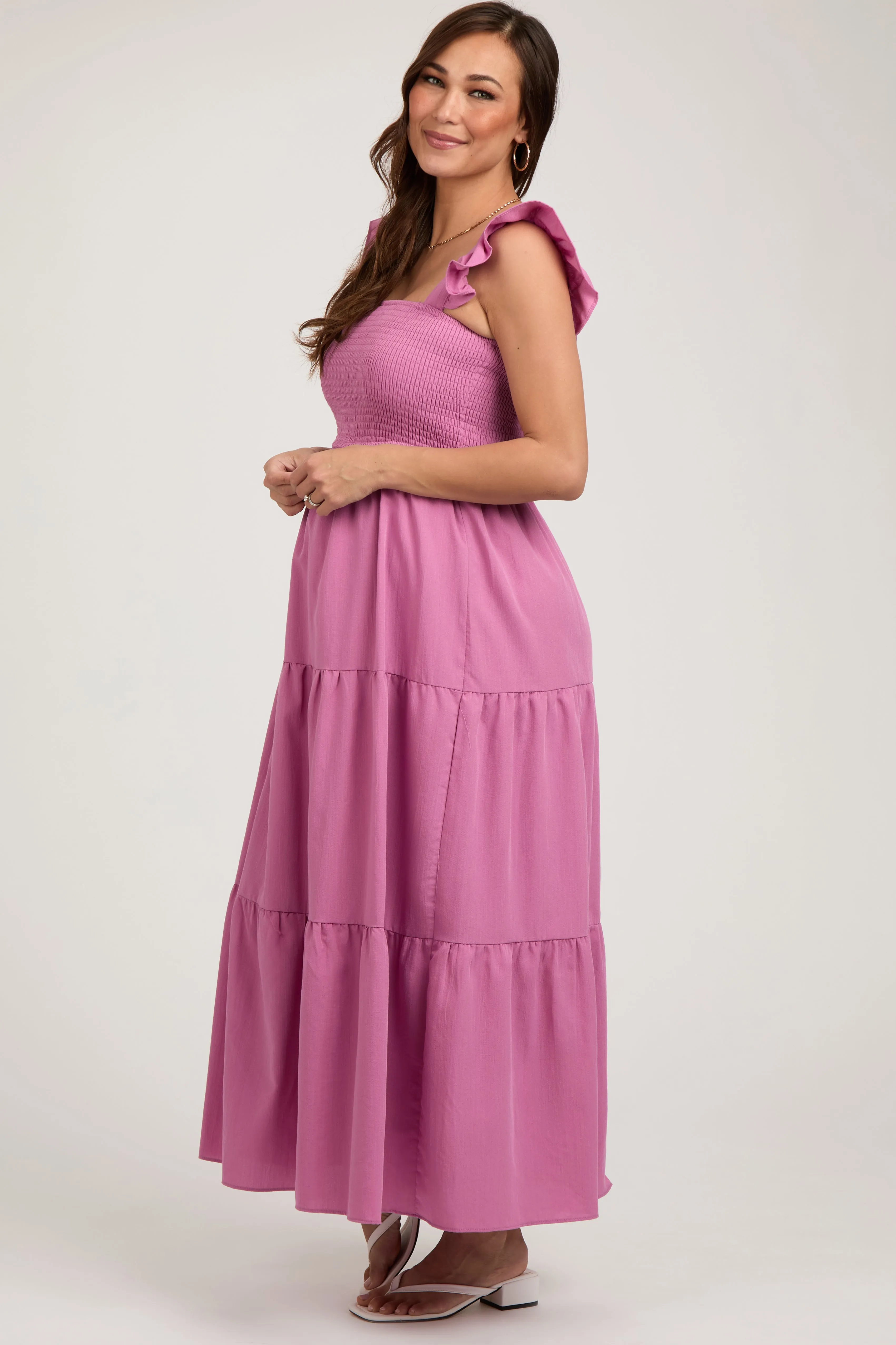 Mauve Sleeveless Smocked Tiered Maternity Maxi Dress sold by Pinkblush product image thumbnail 2