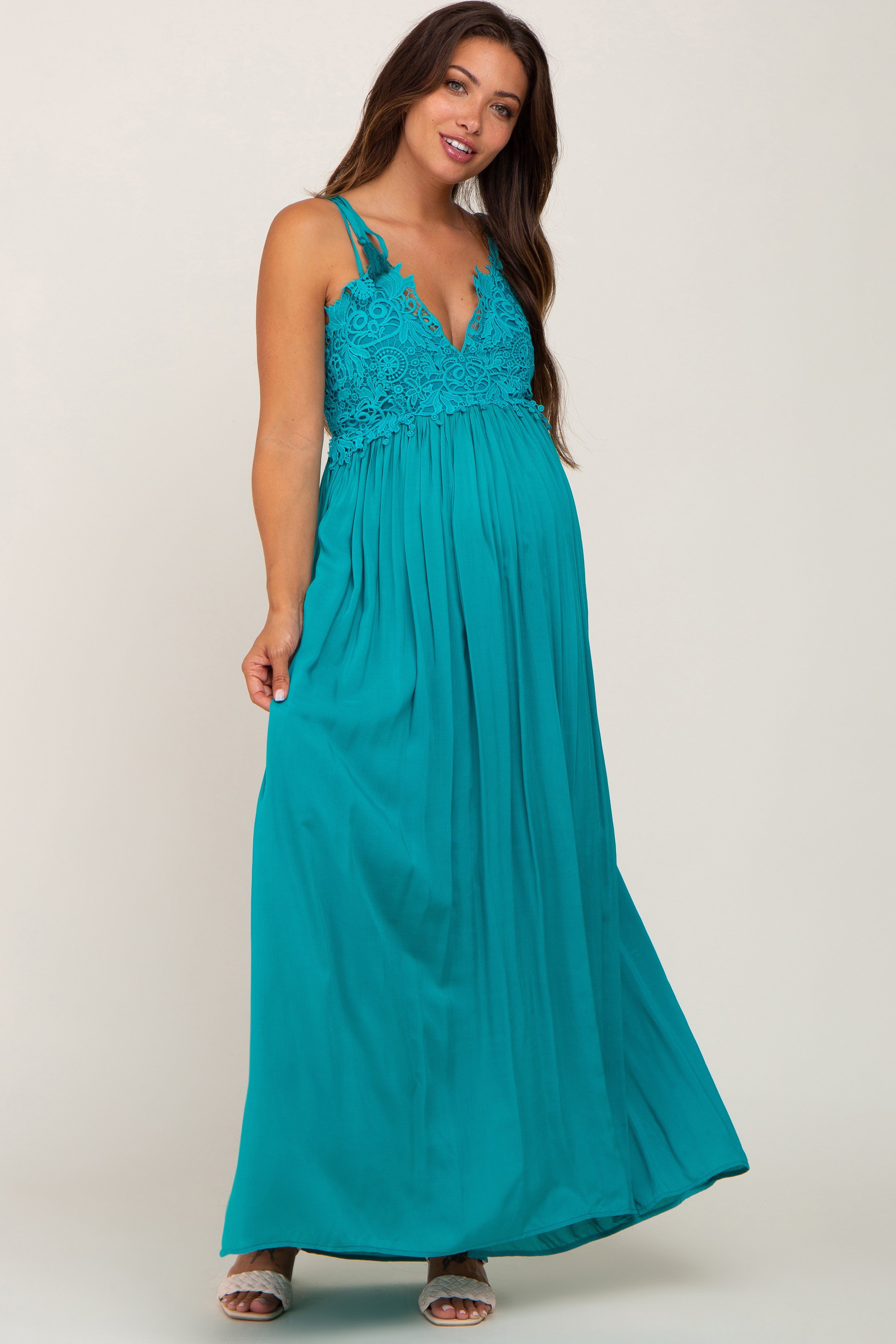 Turquoise Crochet Lace Maternity Maxi Dress sold by Pinkblush