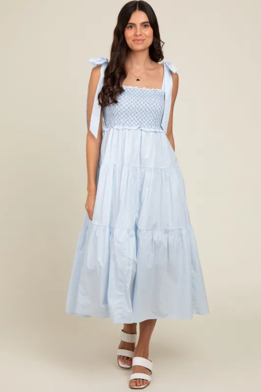 Blue Striped Smocked Tie Strap Midi Dress sold by Pinkblush