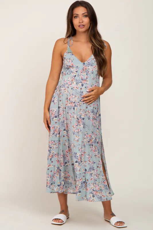 Light Olive Floral Side Slit Ruffle Hem Tie Strap Maternity Midi Dress sold by Pinkblush