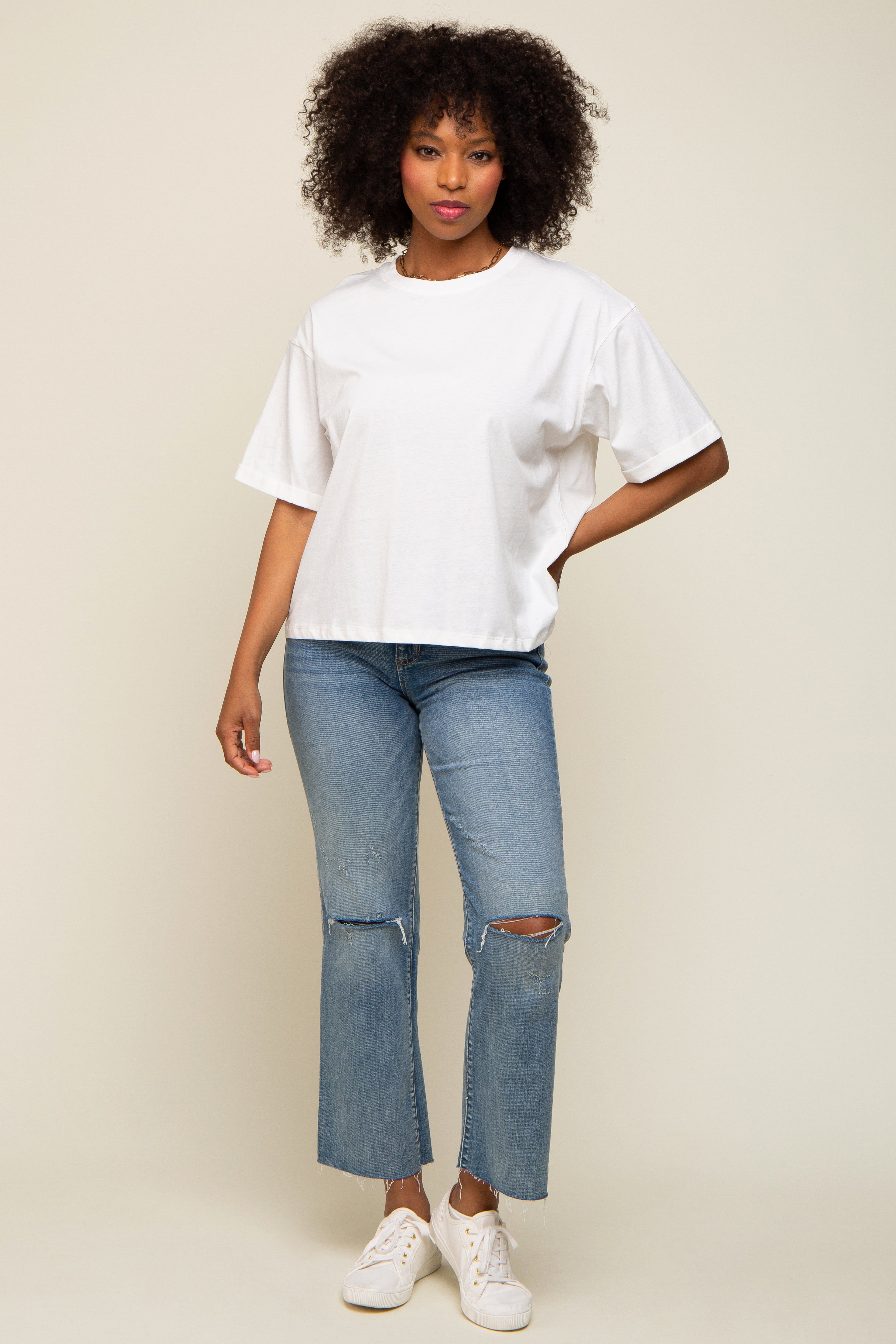 White Basic Rolled Short Sleeve T-Shirt sold by Pinkblush