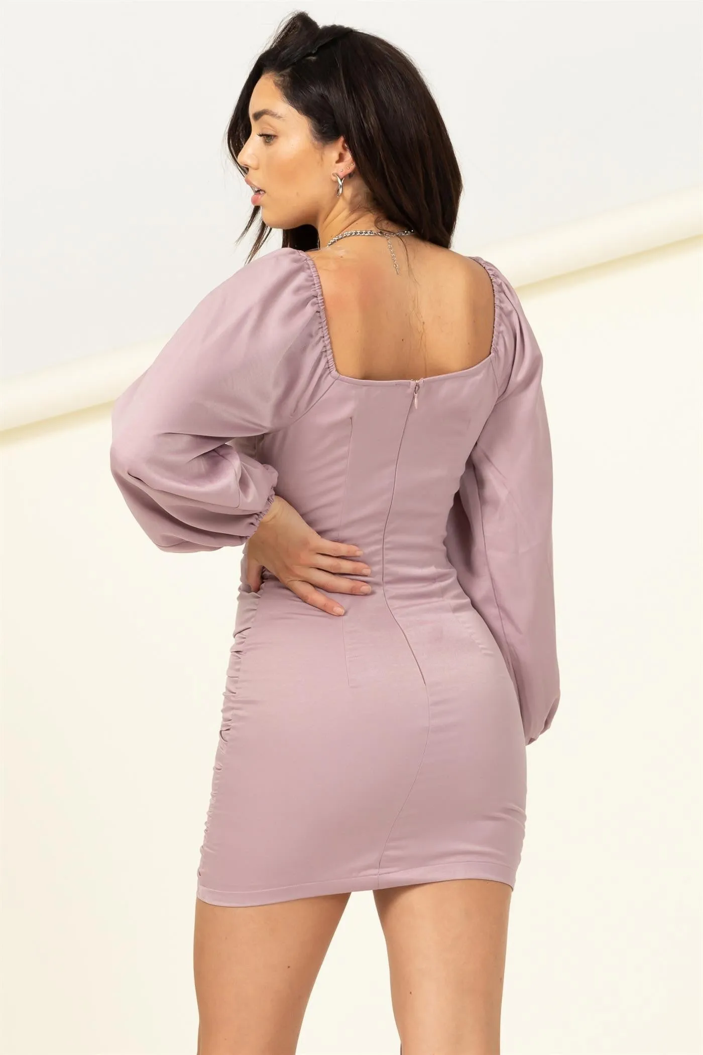 Mauve Ruched Balloon Sleeve Bodycon Dress sold by Pinkblush product image thumbnail 3
