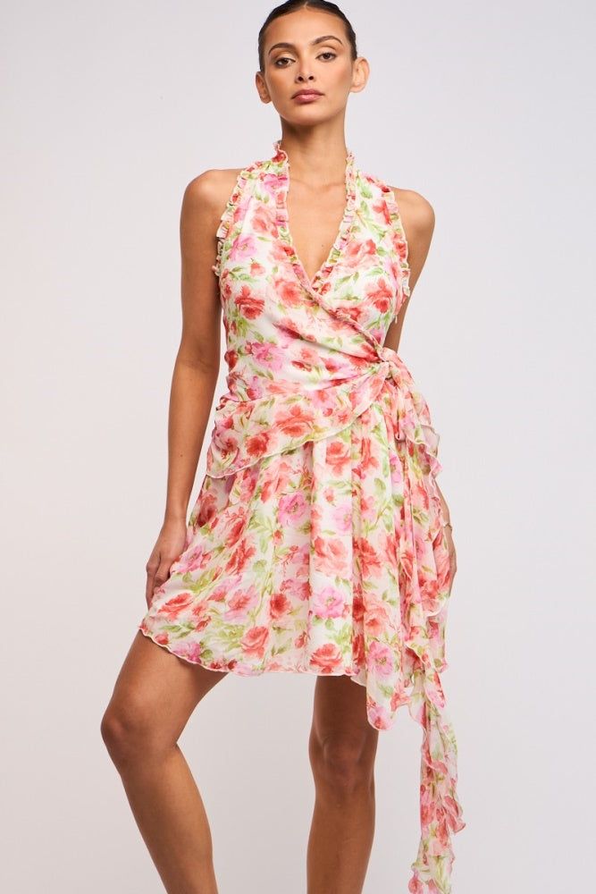 Ivory Floral Halter Wrap Side Ruffle Tie Mini Dress sold by Pinkblush product image thumbnail 2