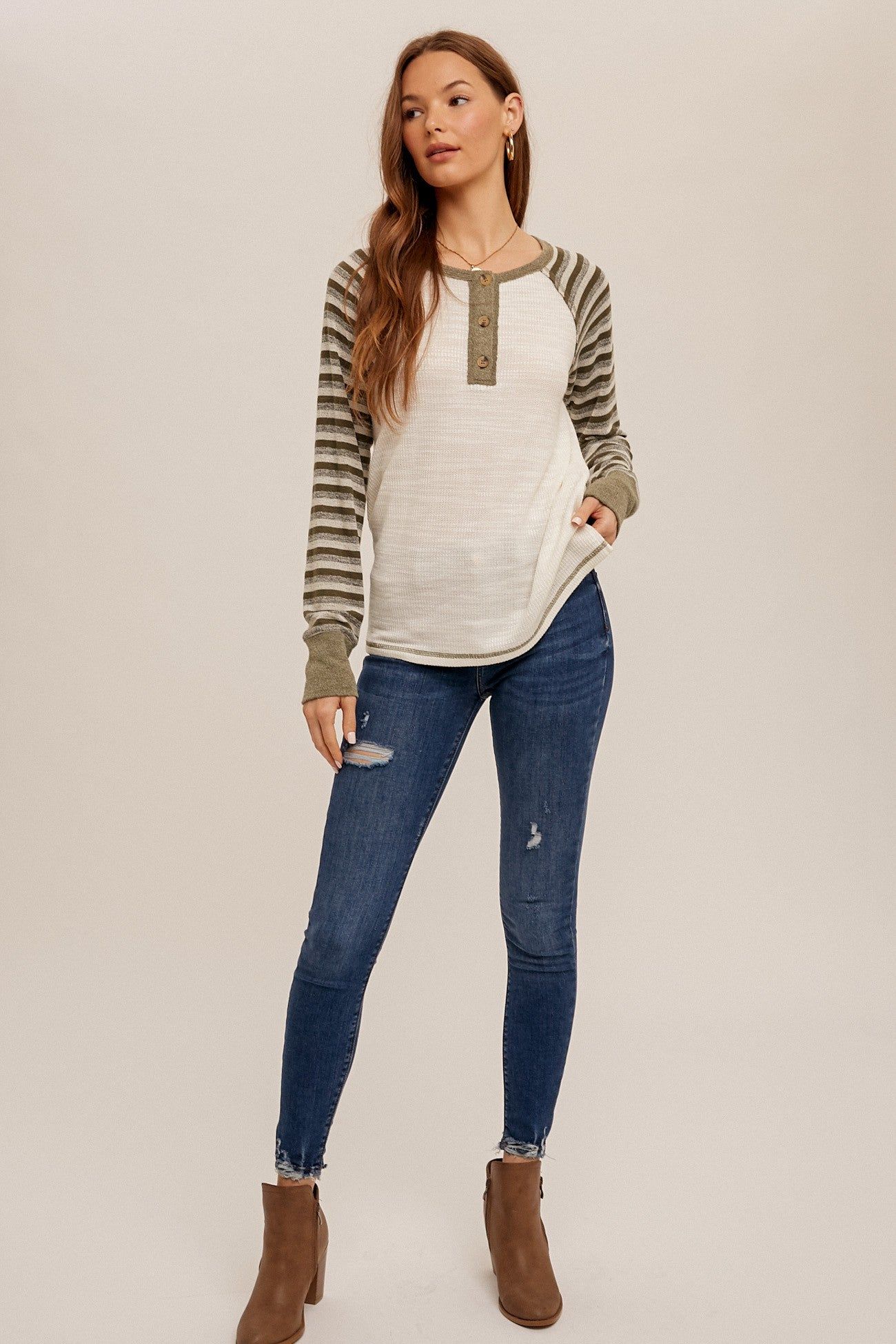 Olive Striped Contrast Knit Henley Top sold by Pinkblush product image thumbnail 5