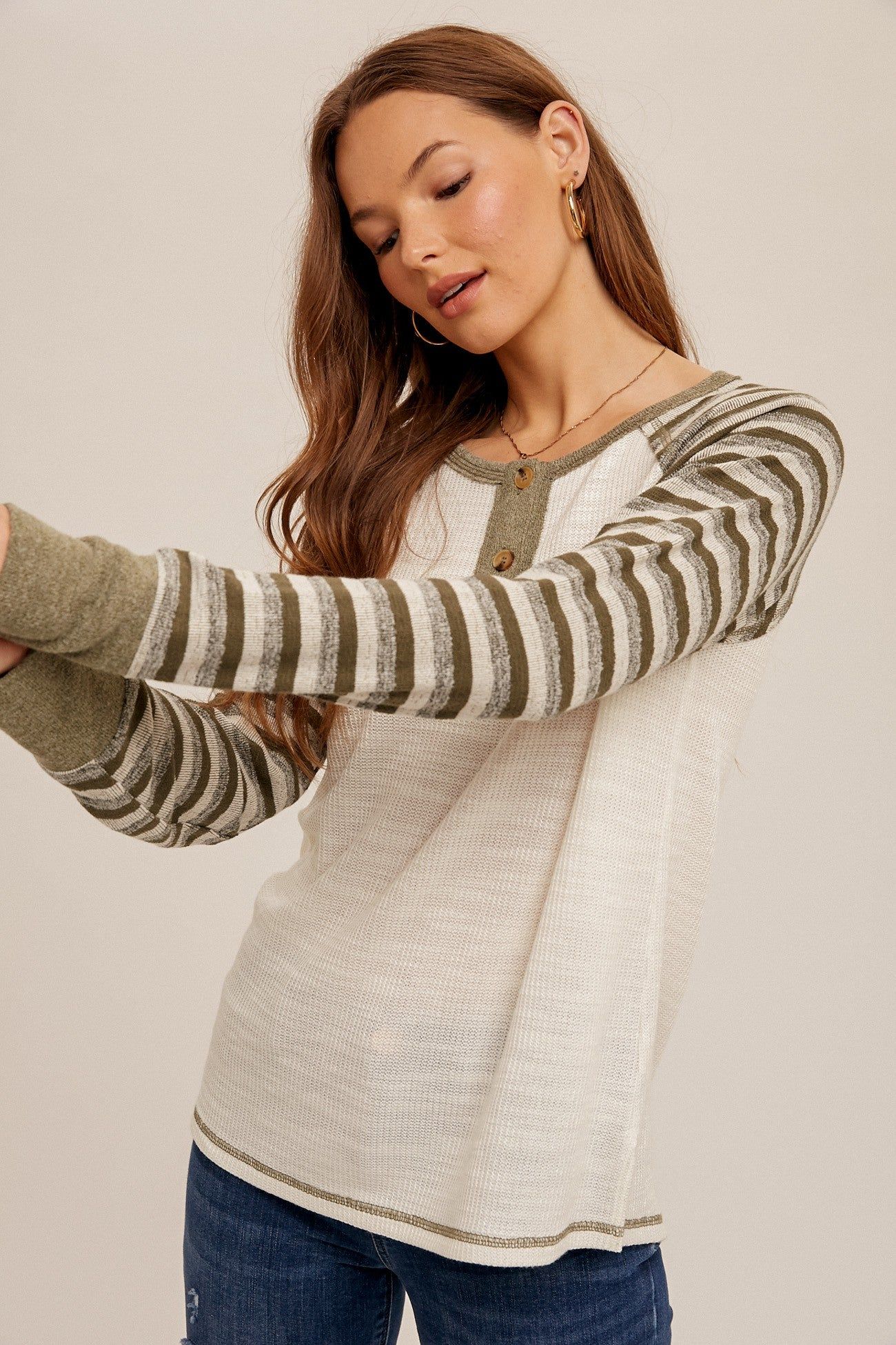 Olive Striped Contrast Knit Henley Top sold by Pinkblush product image thumbnail 2