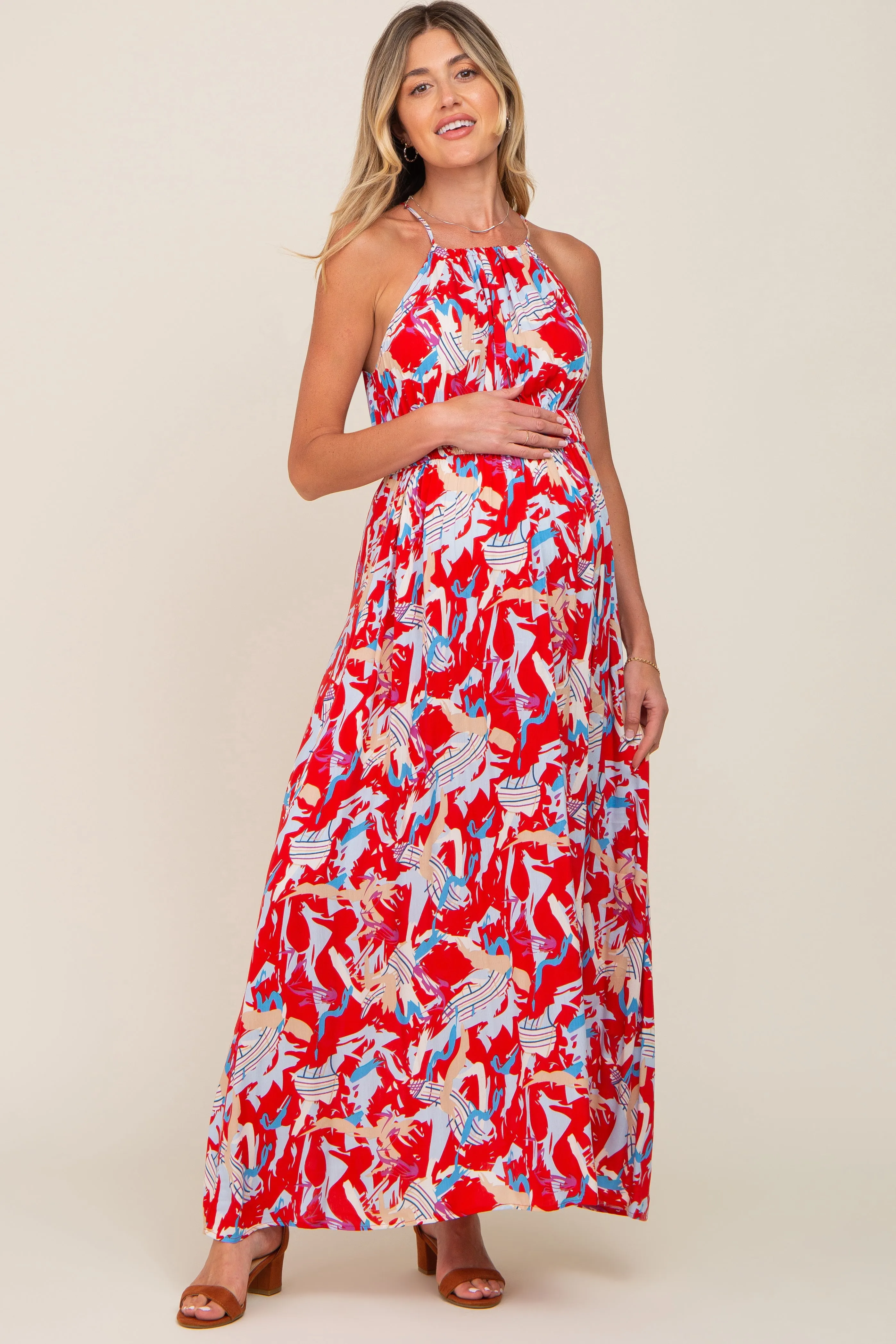 Red Printed Halter Smocked Waist Maternity Maxi Dress sold by Pinkblush product image thumbnail 4