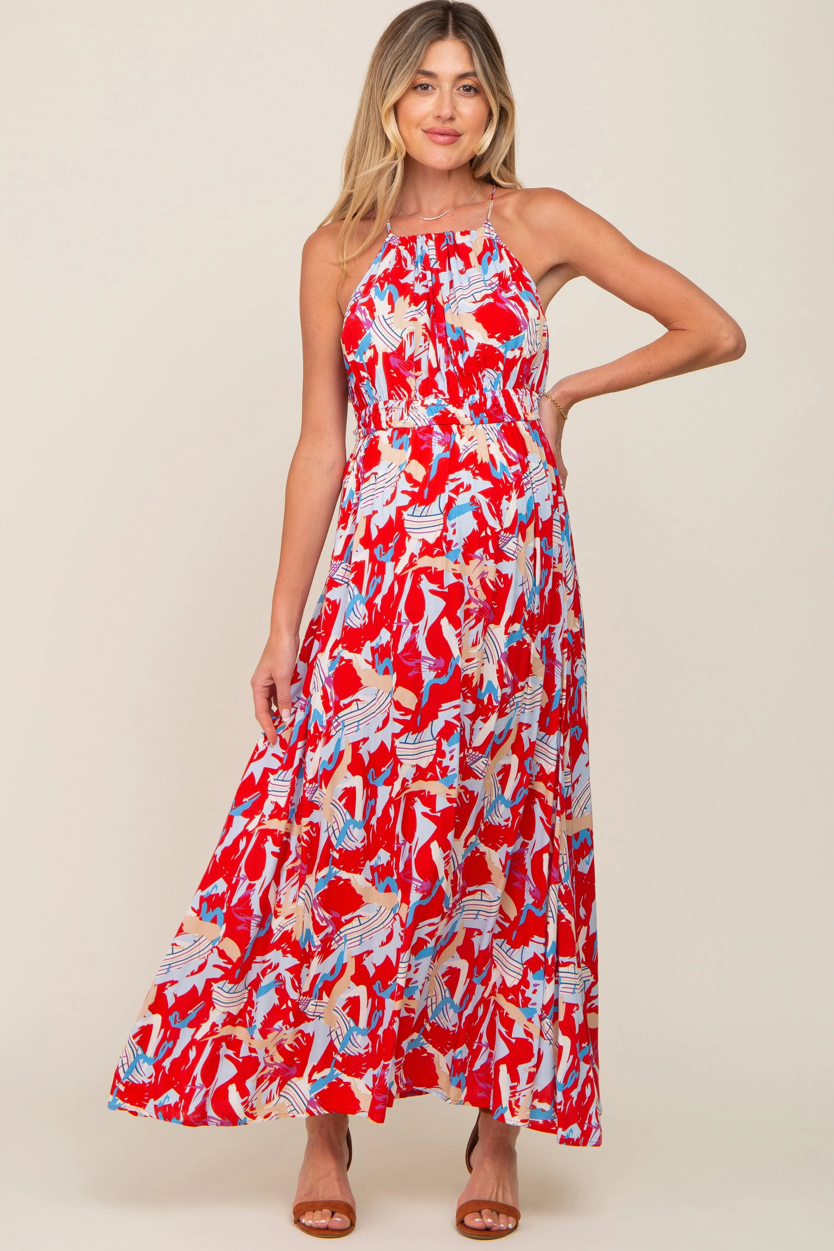 Red Printed Halter Smocked Waist Maternity Maxi Dress sold by Pinkblush