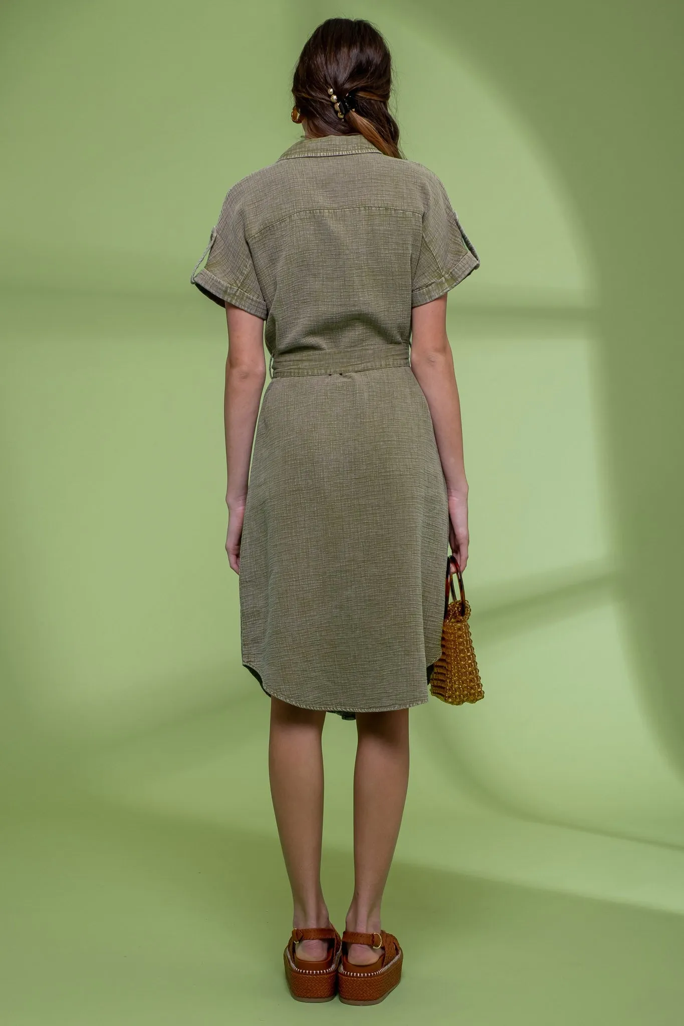 Dark Olive Washed Button Down Belted Midi Dress sold by Pinkblush product image thumbnail 2