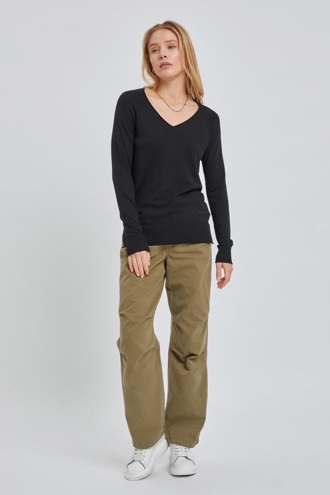 Black Fine Knit V-Neck Side Slit Top sold by Pinkblush