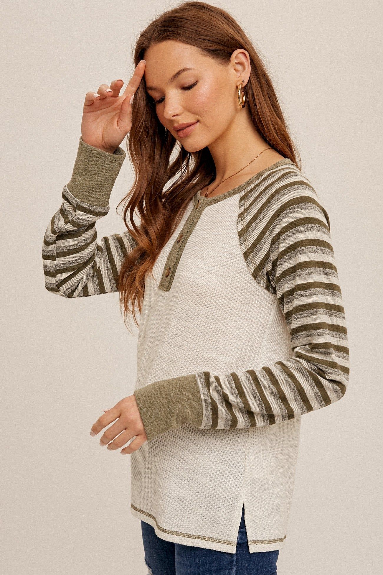 Olive Striped Contrast Knit Henley Top sold by Pinkblush product image thumbnail 3