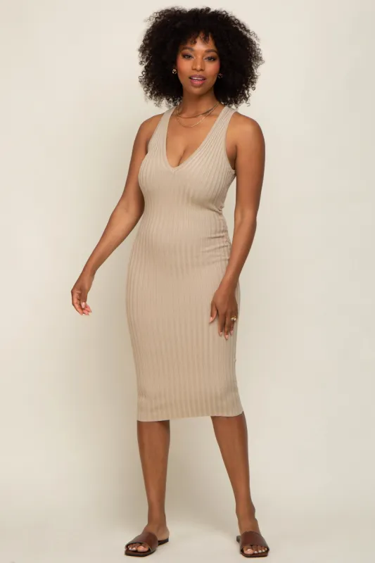 Beige Ribbed Knit Fitted V-Neck Midi Dress sold by Pinkblush