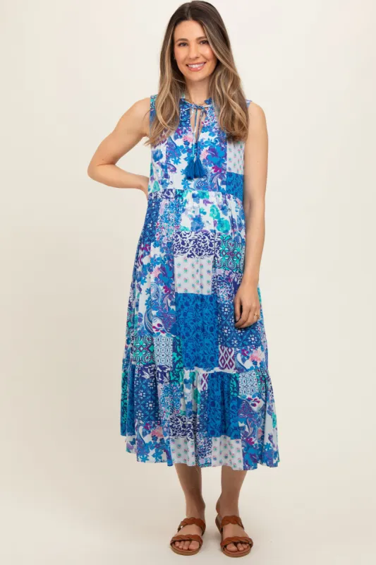 Blue Floral Paisley Tassel Tie Ruffle Hem Maternity Midi Dress sold by Pinkblush