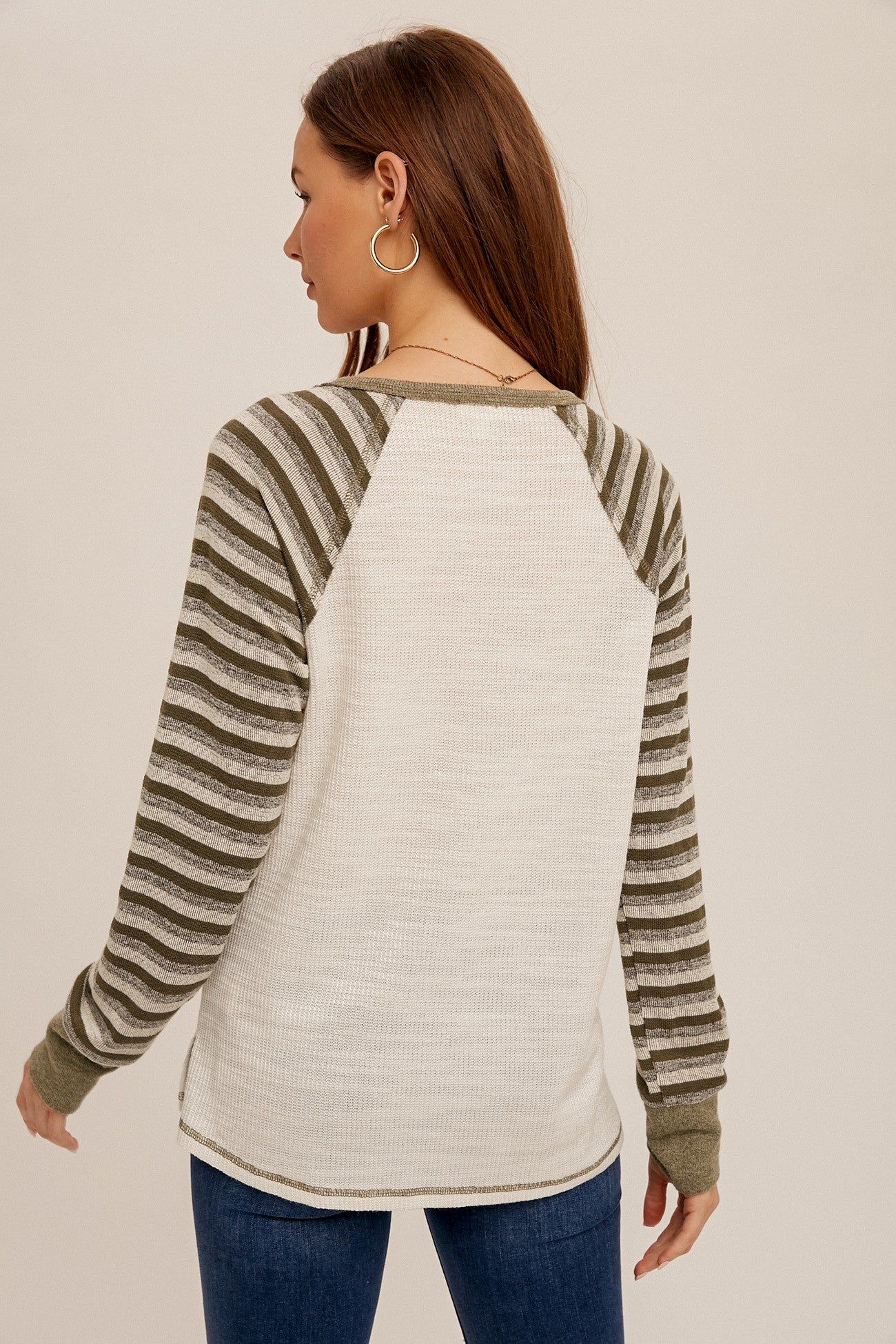 Olive Striped Contrast Knit Henley Top sold by Pinkblush product image thumbnail 4