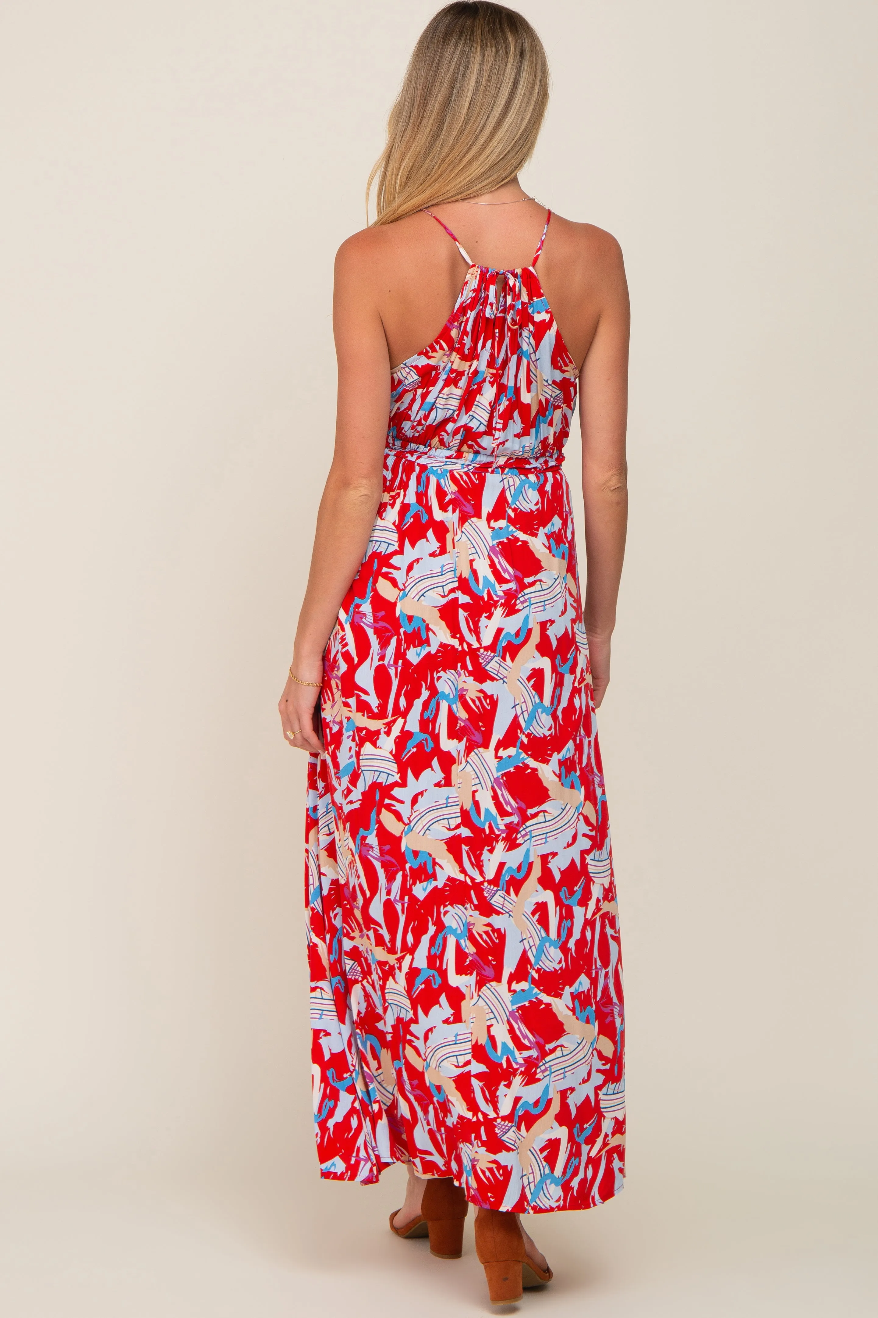 Red Printed Halter Smocked Waist Maternity Maxi Dress sold by Pinkblush product image thumbnail 3