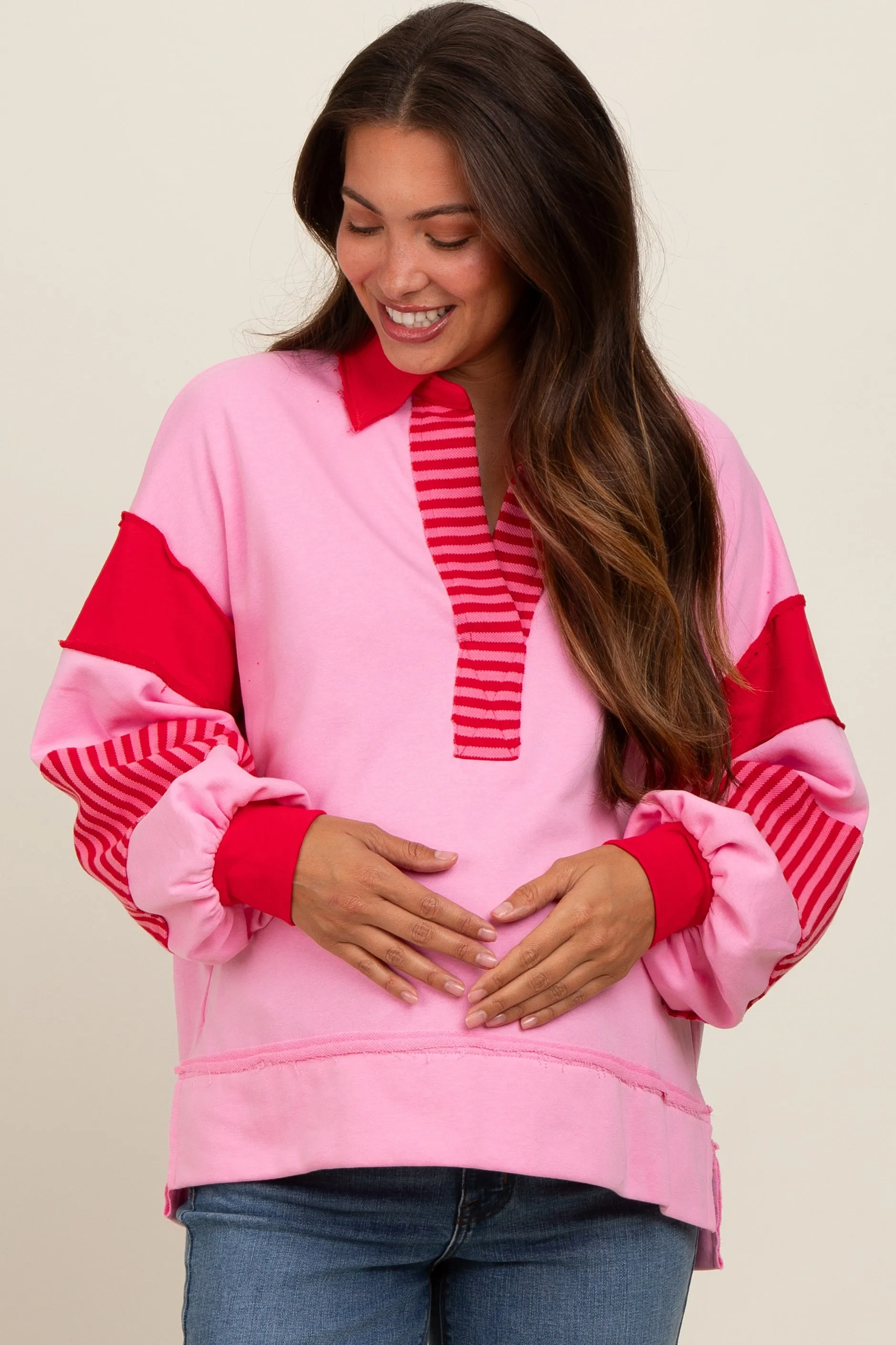 Pink Colorblock Striped Maternity Long Sleeve Top sold by Pinkblush product image thumbnail 2