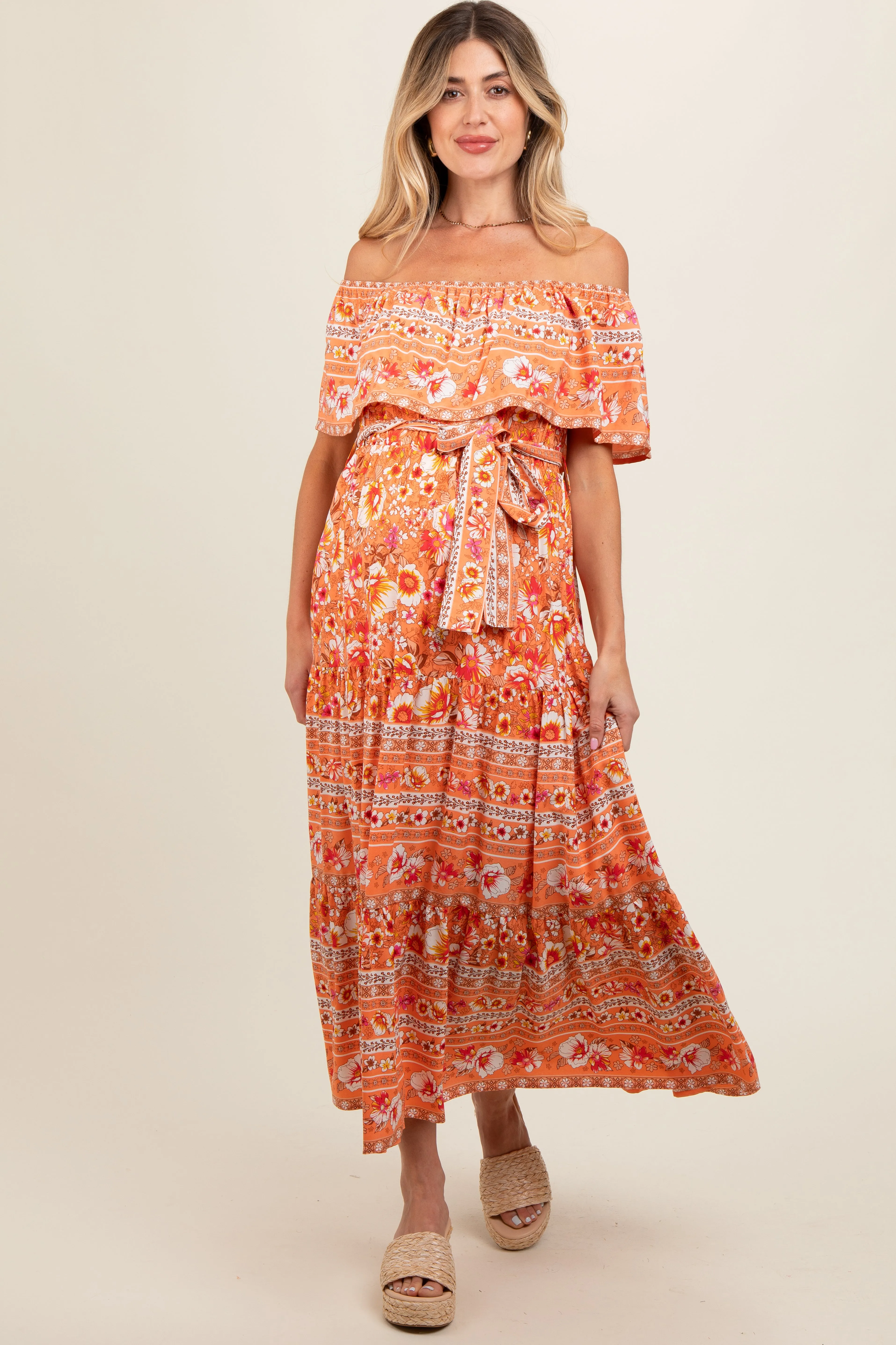 Peach Floral Off Shoulder Maternity Maxi Dress sold by Pinkblush