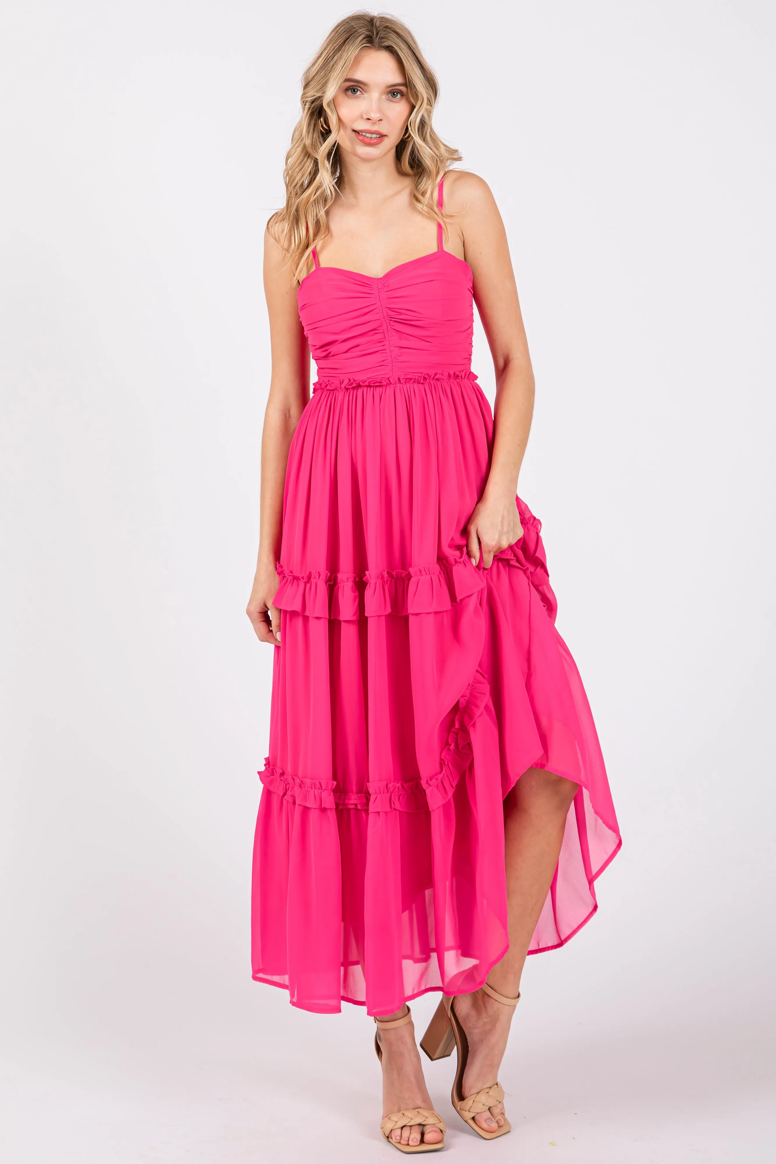 Fuchsia Sleeveless Pleated Ruffle Tiered Midi Dress sold by Pinkblush product image thumbnail 4