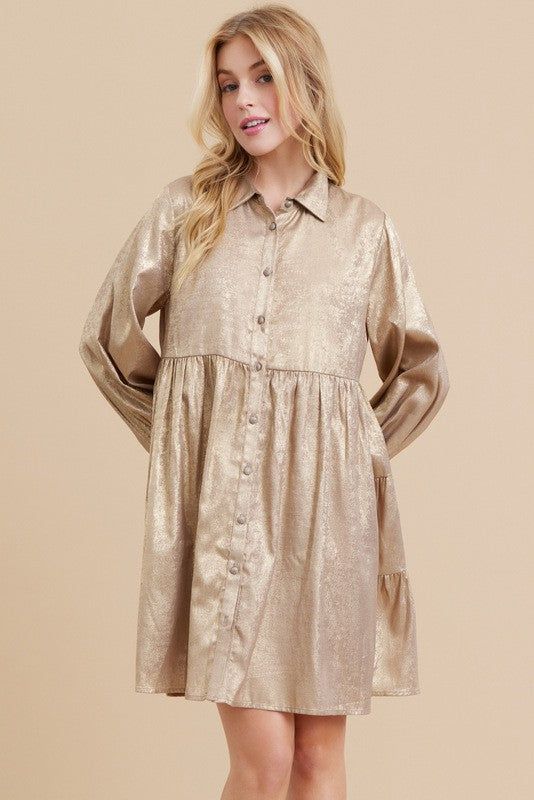 Taupe Metallic Button-Up Baby Doll Dress sold by Pinkblush