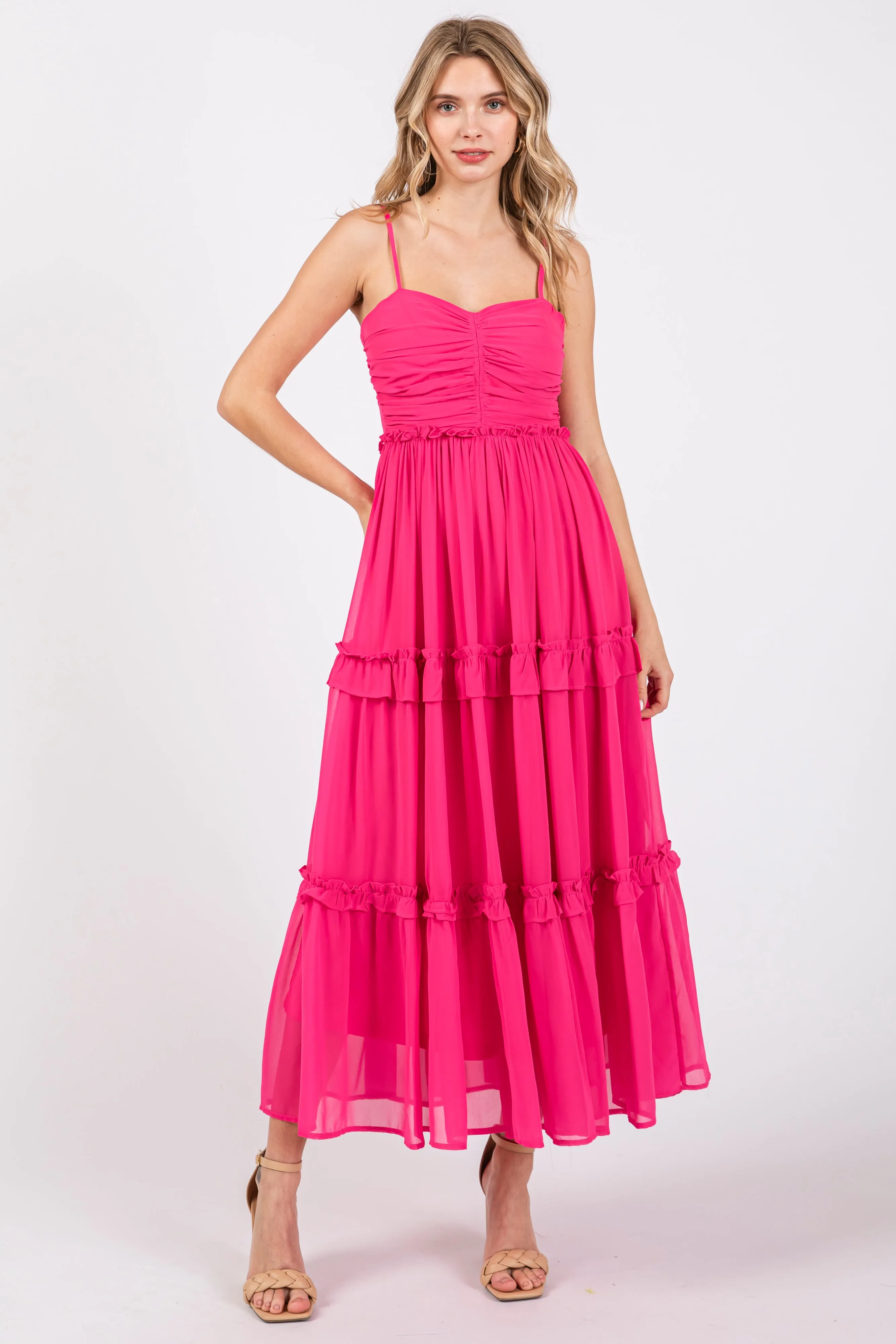 Fuchsia Sleeveless Pleated Ruffle Tiered Midi Dress sold by Pinkblush