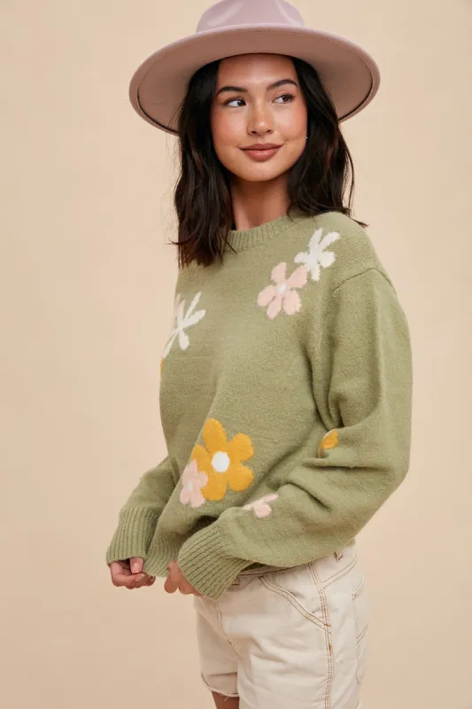 Sage Floral Crew Neck Sweater sold by Pinkblush