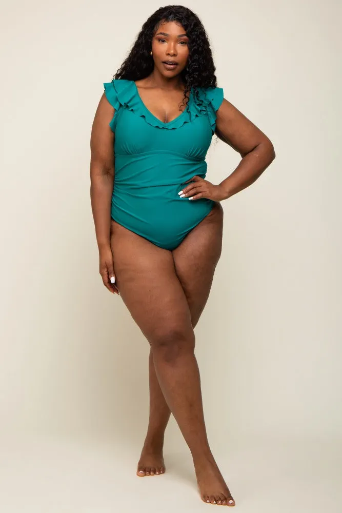 Teal Ruffle V-Neck Plus One-Piece Swimsuit sold by Pinkblush product image thumbnail 4