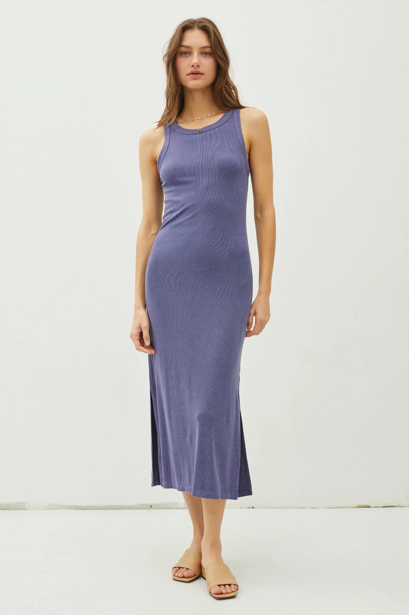 Blue Ribbed Knit Side Slit Sleeveless Dress sold by Pinkblush