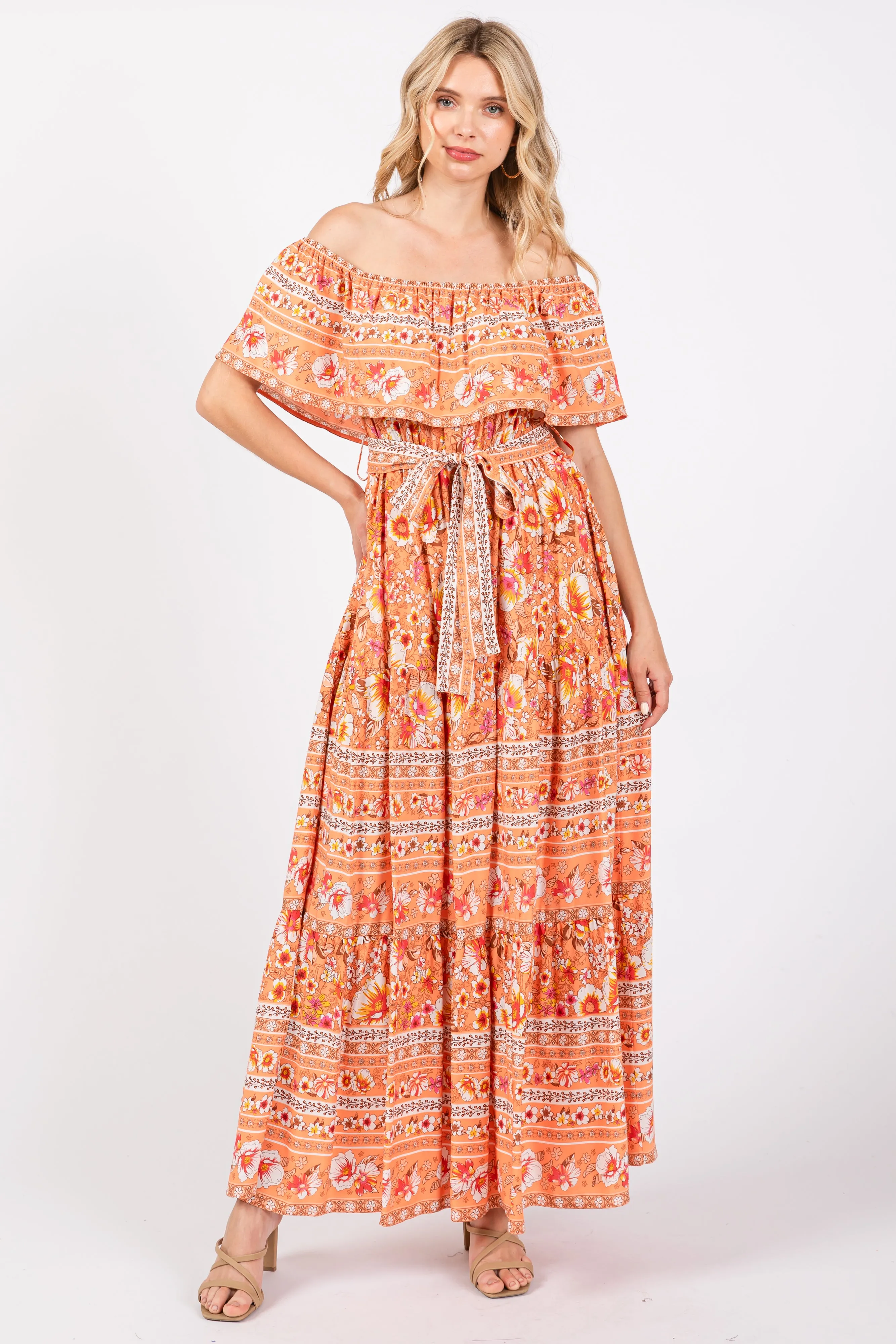 Peach Floral Off Shoulder Maternity Maxi Dress sold by Pinkblush product image thumbnail 5