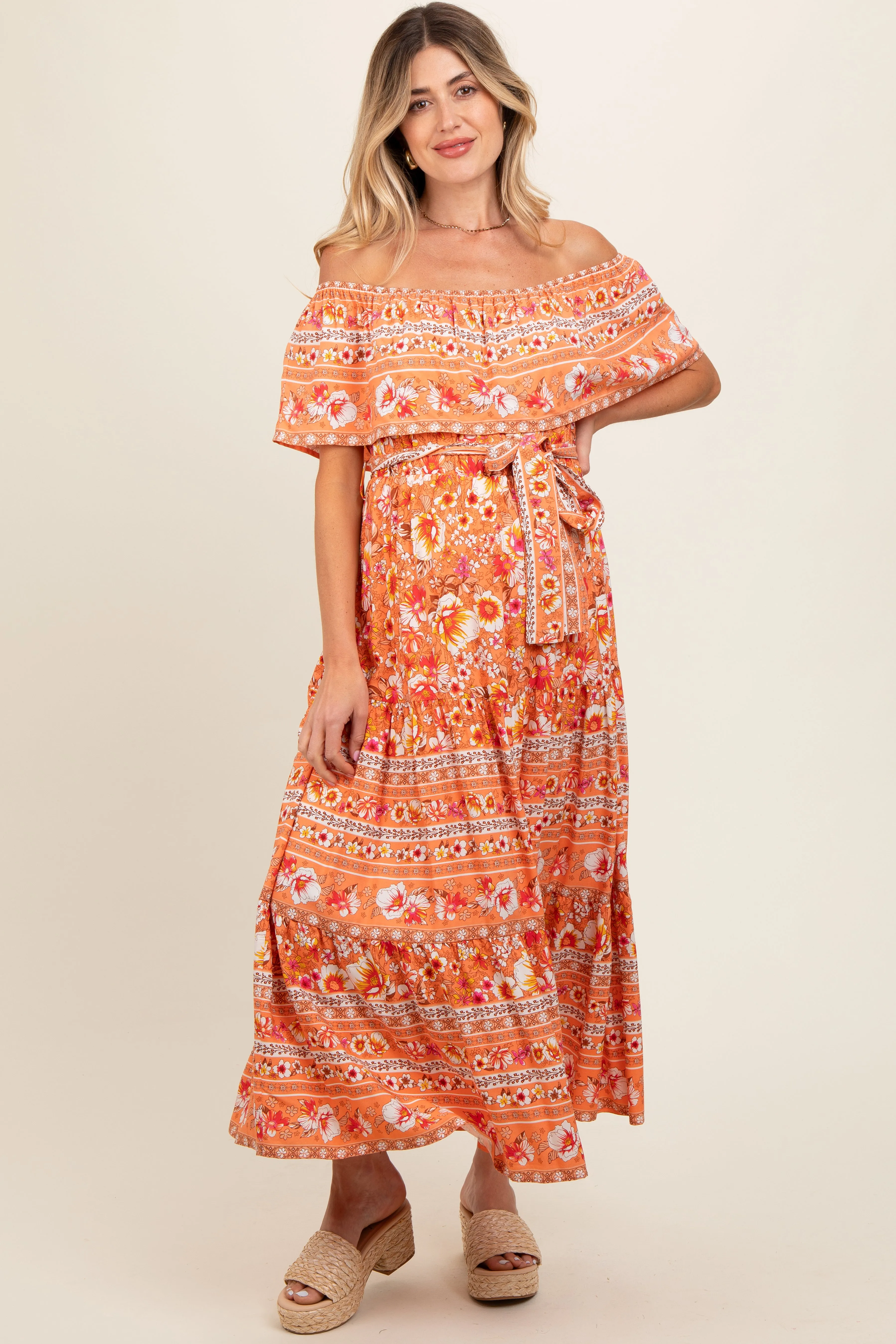 Peach Floral Off Shoulder Maternity Maxi Dress sold by Pinkblush product image thumbnail 2