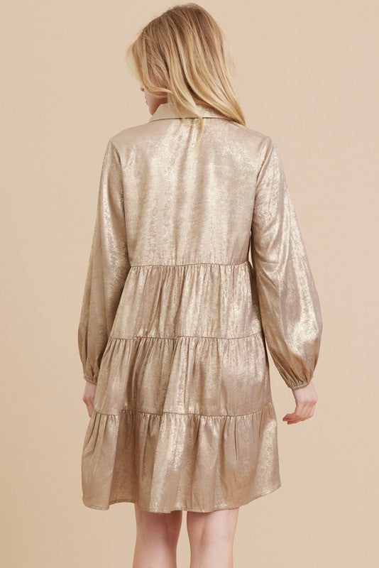 Taupe Metallic Button-Up Baby Doll Dress sold by Pinkblush product image thumbnail 2