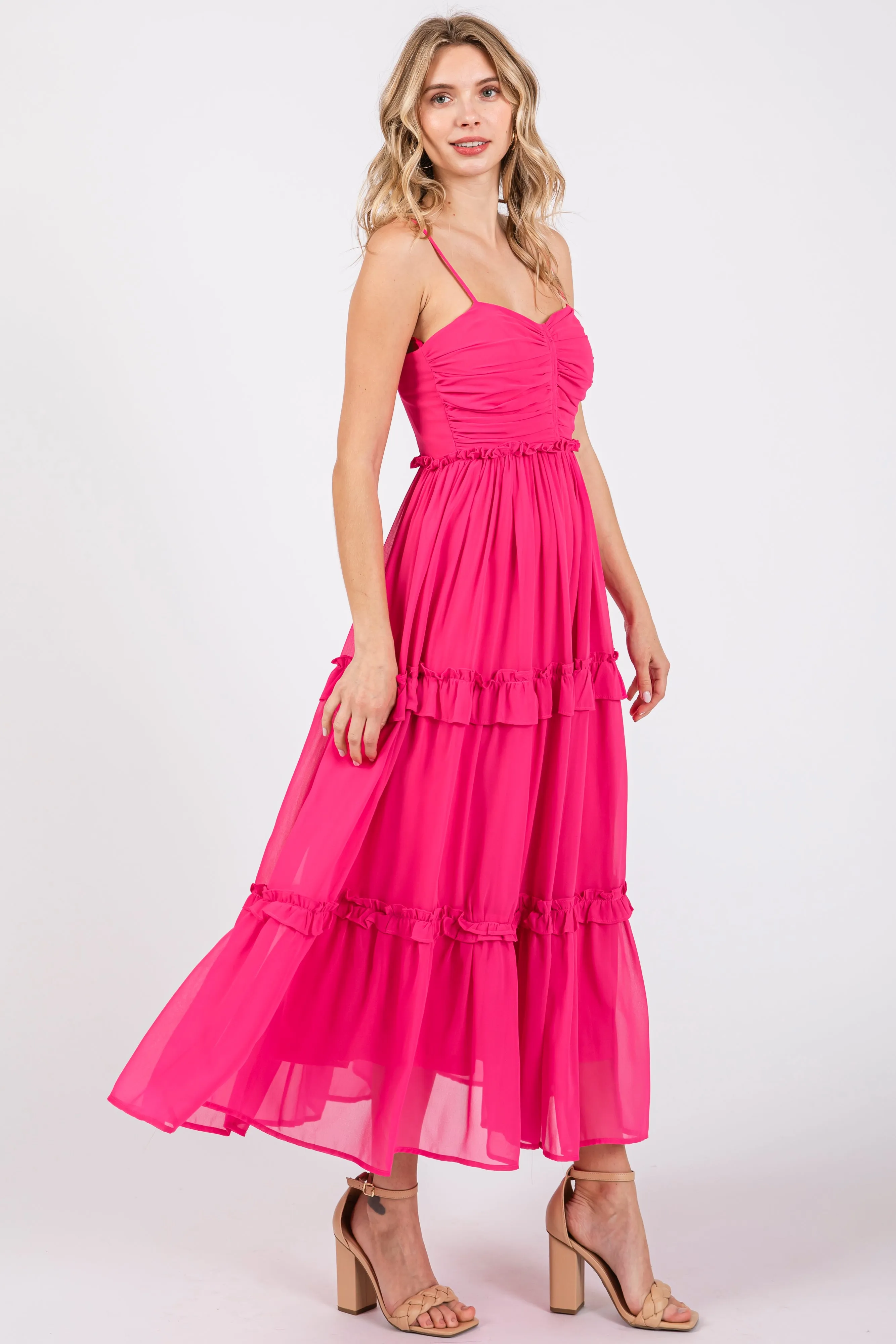 Fuchsia Sleeveless Pleated Ruffle Tiered Midi Dress sold by Pinkblush product image thumbnail 2