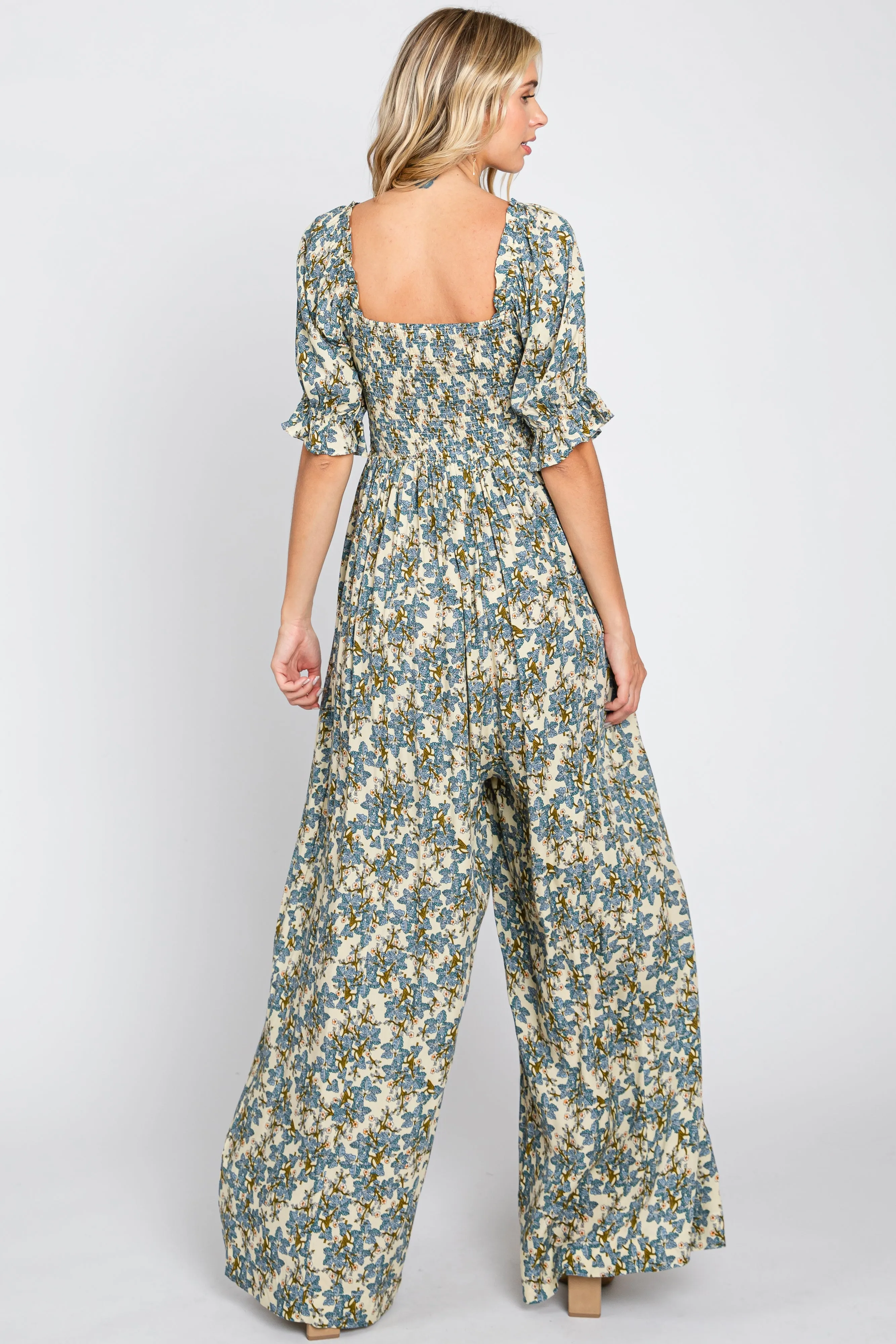 Cream Floral Smocked Jumpsuit sold by Pinkblush product image thumbnail 3