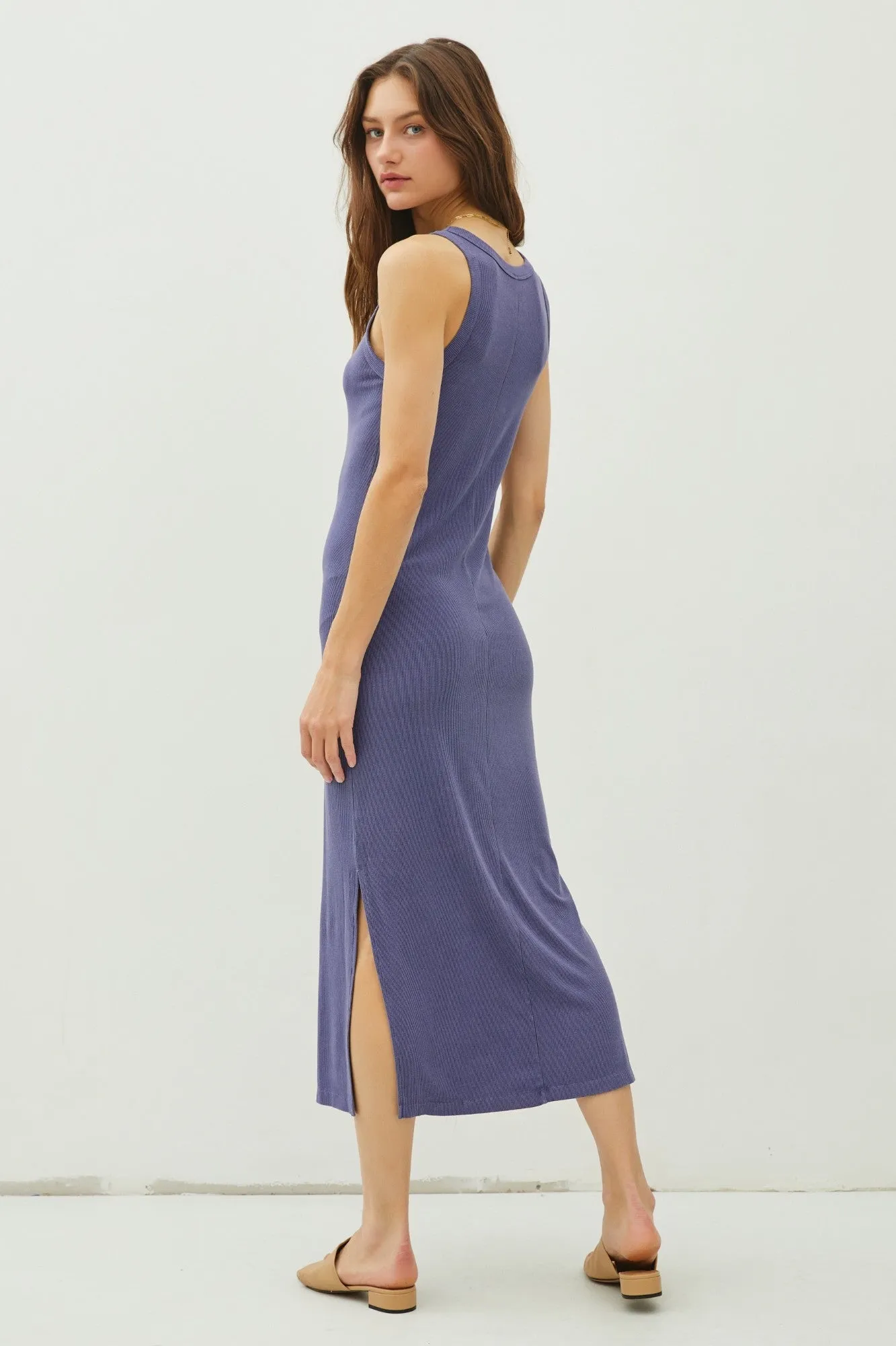 Blue Ribbed Knit Side Slit Sleeveless Dress sold by Pinkblush product image thumbnail 2
