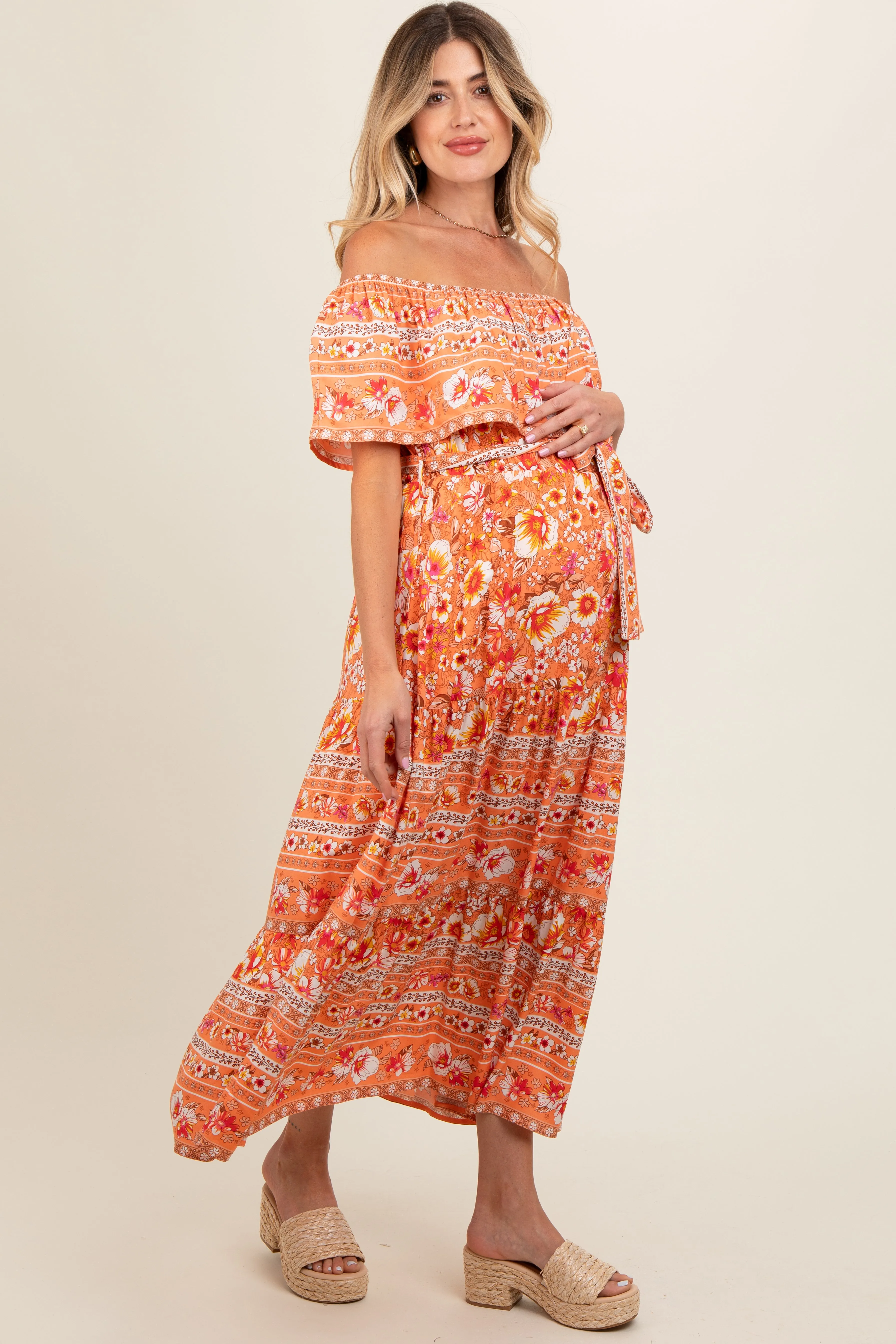 Peach Floral Off Shoulder Maternity Maxi Dress sold by Pinkblush product image thumbnail 3