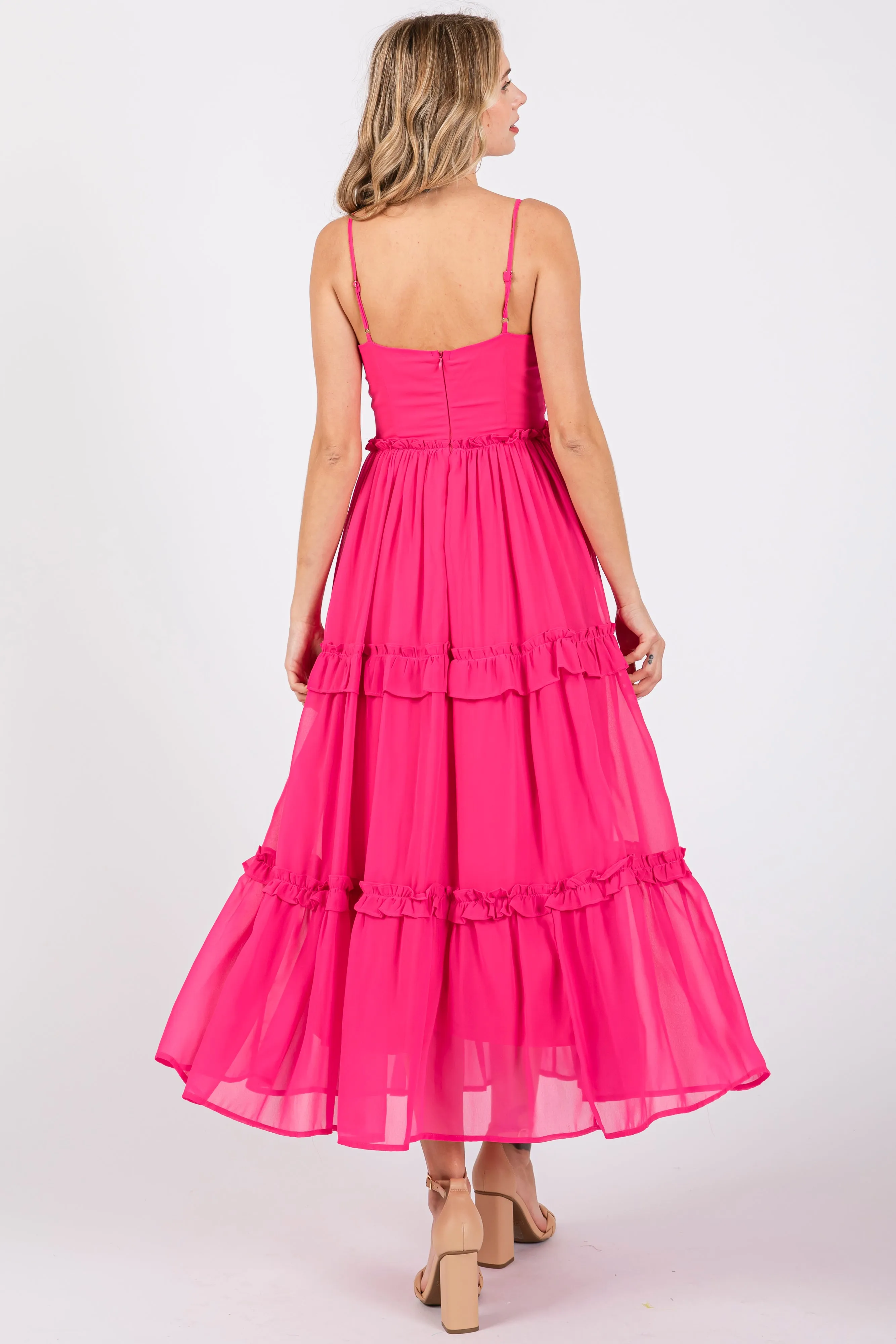 Fuchsia Sleeveless Pleated Ruffle Tiered Midi Dress sold by Pinkblush product image thumbnail 3