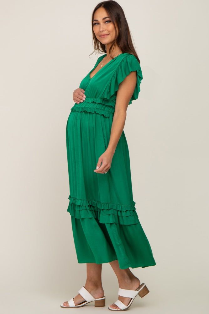 Green Ruffle Accent V-Neck Maternity Midi Dress sold by Pinkblush
