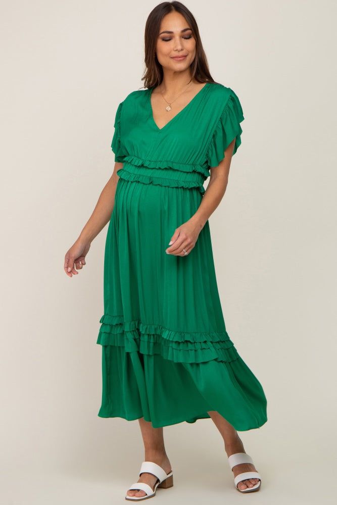 Green Ruffle Accent V-Neck Maternity Midi Dress sold by Pinkblush product image thumbnail 2