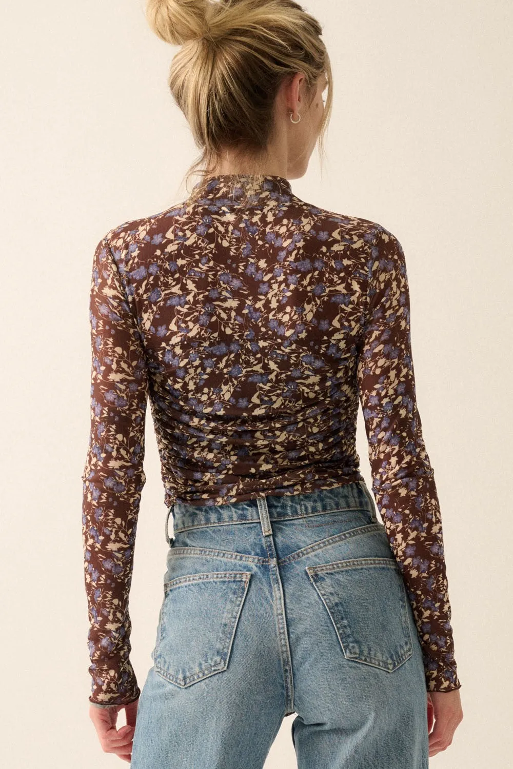 Chocolate Floral Ruched Semi-Sheer Mesh Knit Bodysuit sold by Pinkblush product image thumbnail 5
