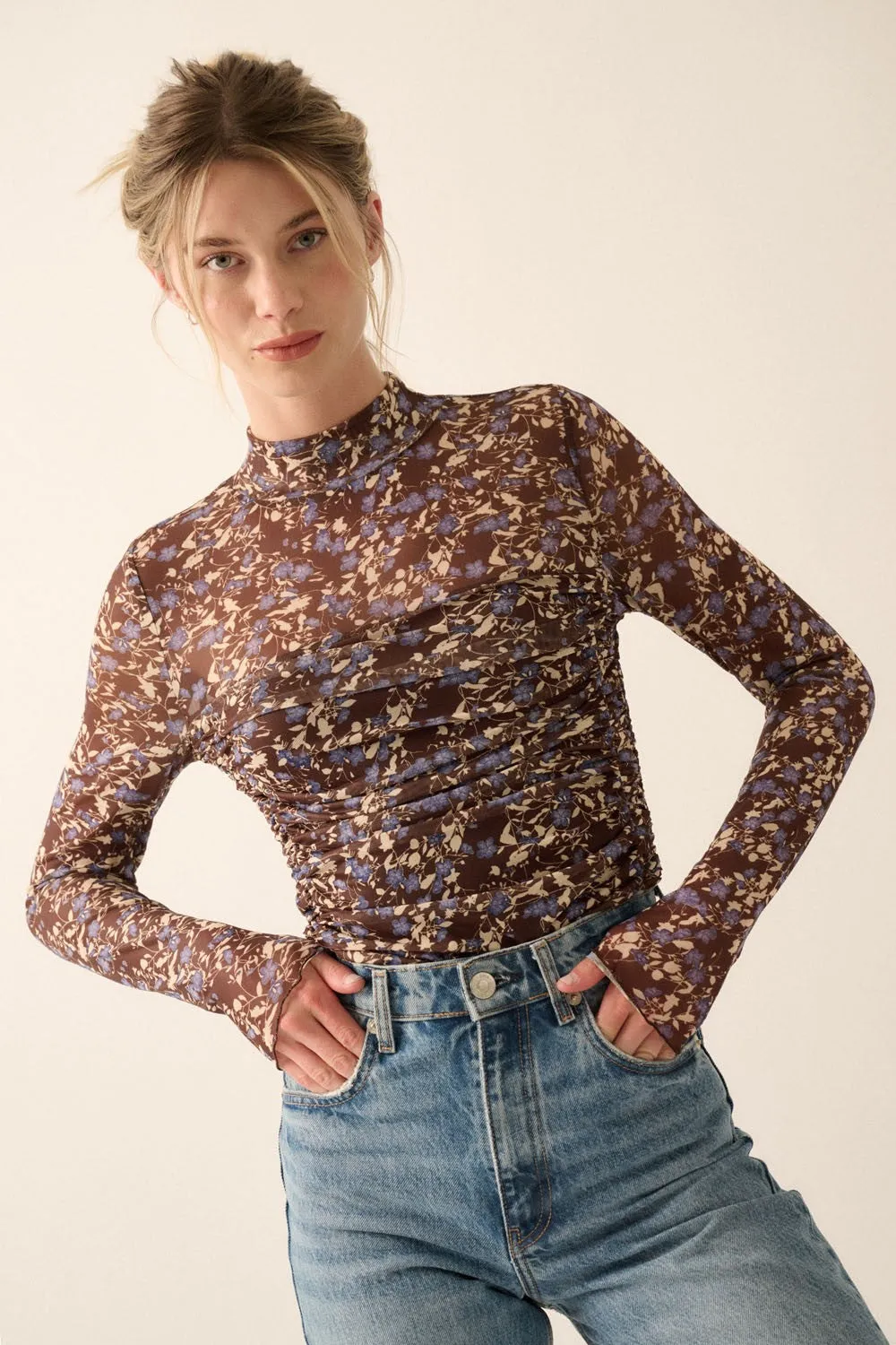 Chocolate Floral Ruched Semi-Sheer Mesh Knit Bodysuit sold by Pinkblush product image thumbnail 2