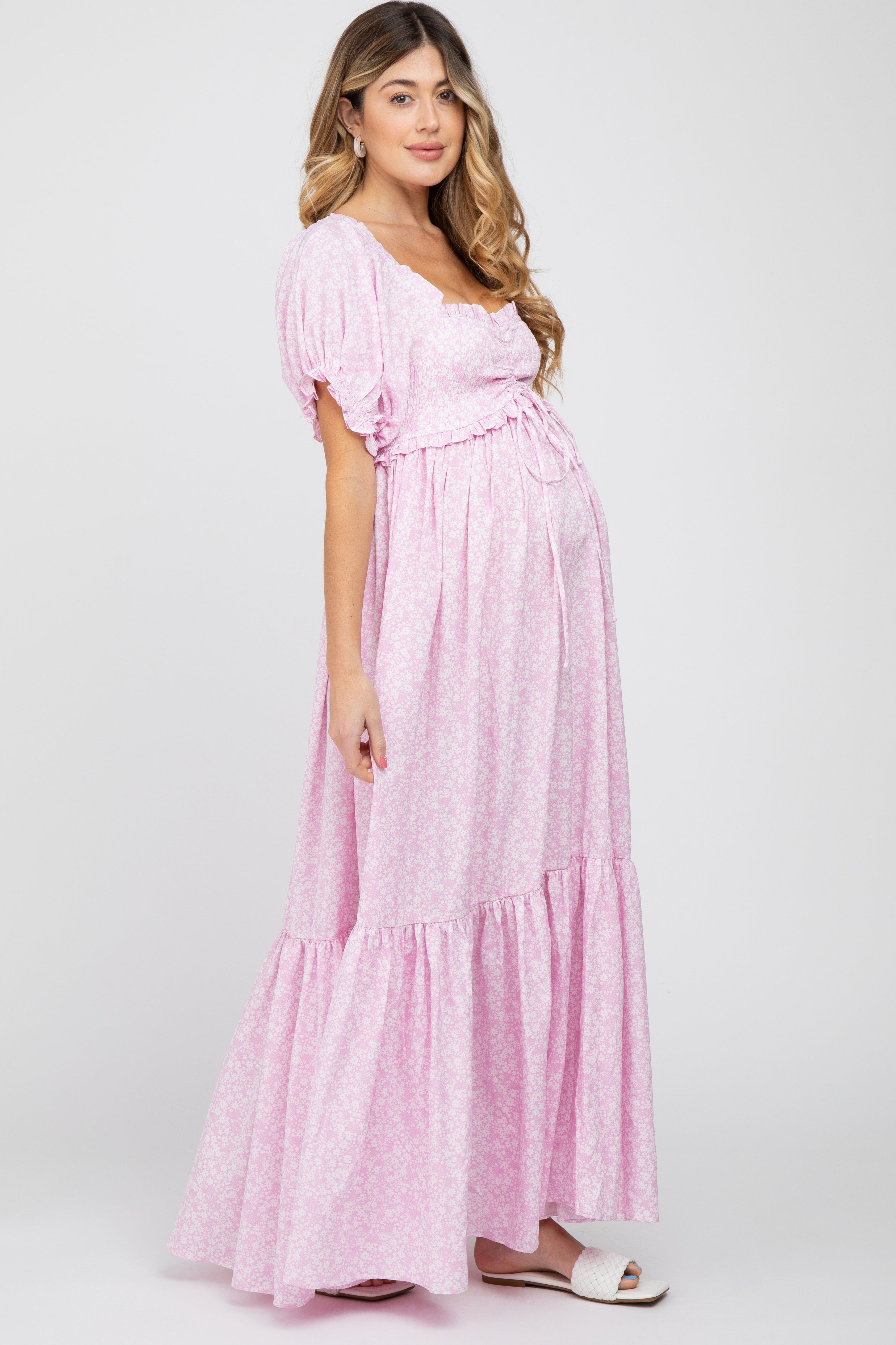 Pink Ditsy Floral Smocked Puff Sleeve Maternity Maxi Dress sold by Pinkblush product image thumbnail 2