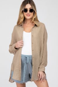 Mocha Lightweight Sheer Button Down Maternity Blouse sold by Pinkblush