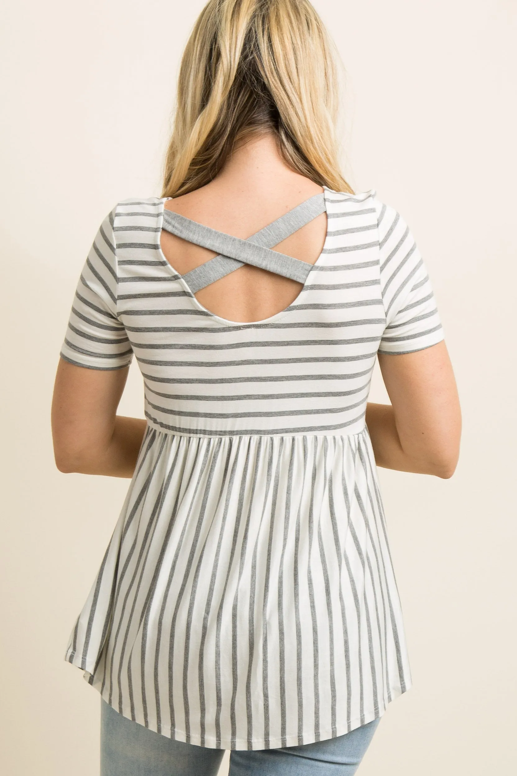 PinkBlush Grey Striped Crisscross Back Peplum Maternity Top sold by Pinkblush product image thumbnail 3