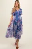 Blue Leaf Print Mesh Smocked Maternity Midi Dress sold by Pinkblush
