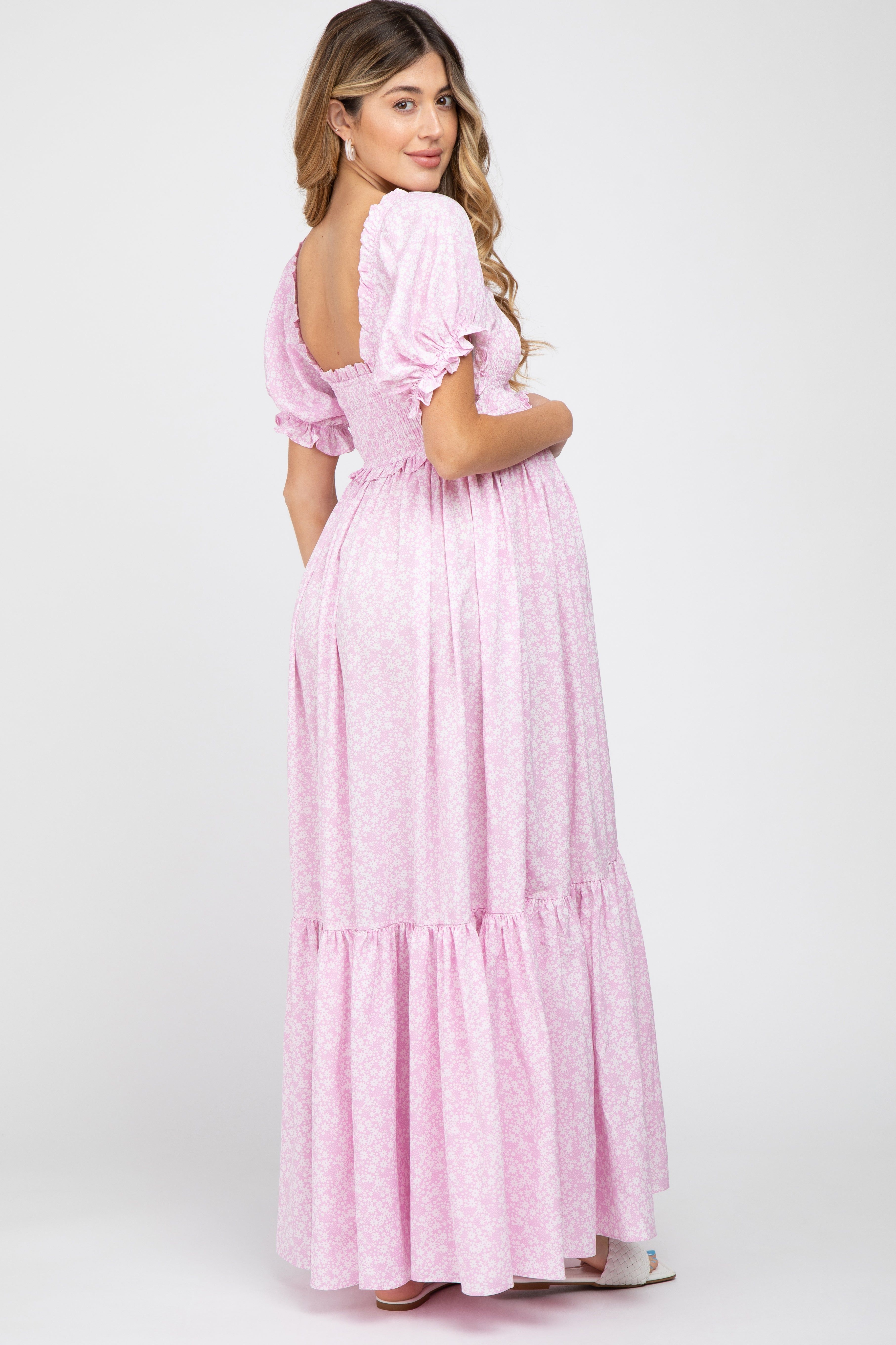 Pink Ditsy Floral Smocked Puff Sleeve Maternity Maxi Dress sold by Pinkblush product image thumbnail 3
