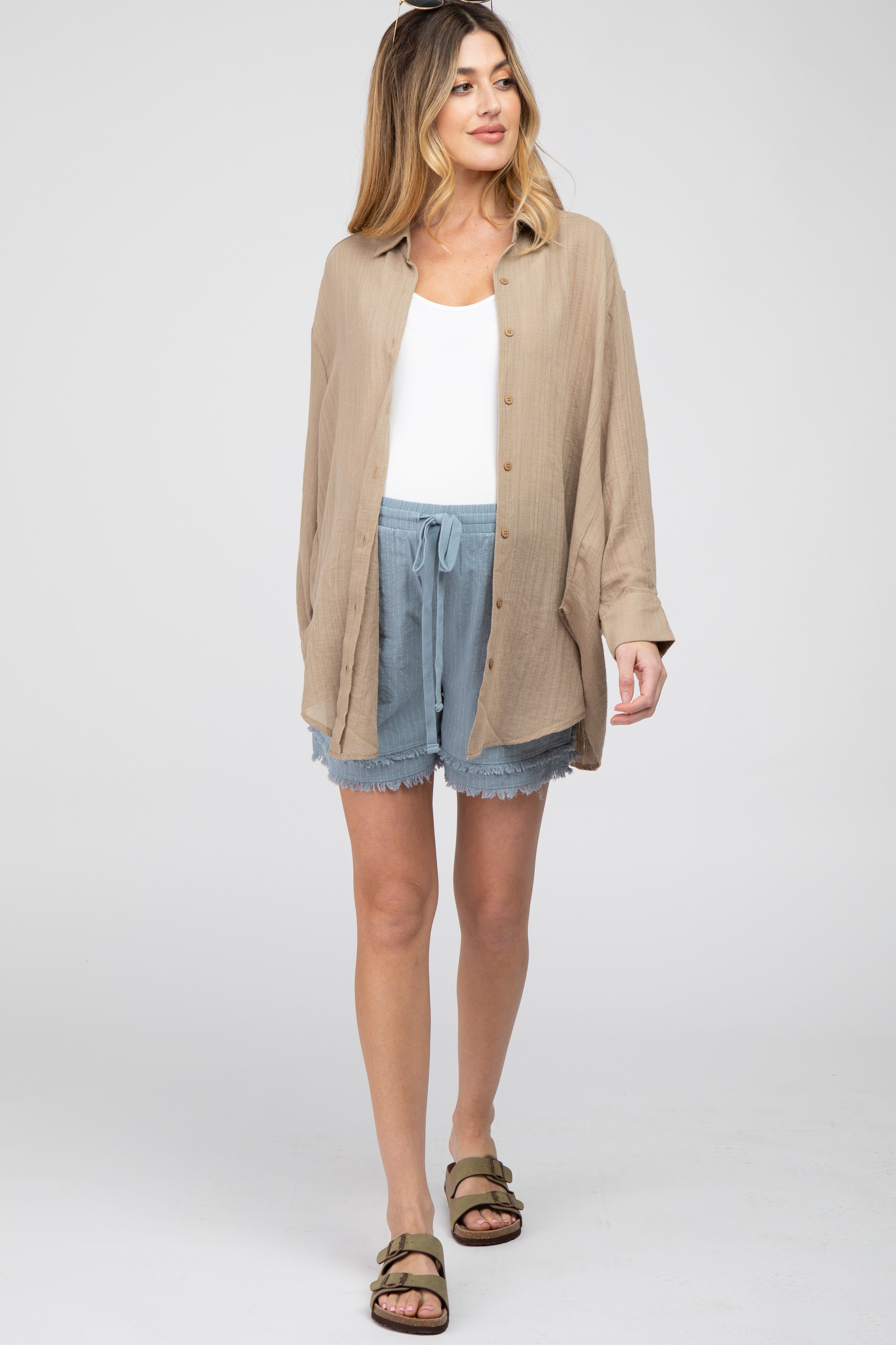 Mocha Lightweight Sheer Button Down Maternity Blouse sold by Pinkblush product image thumbnail 2