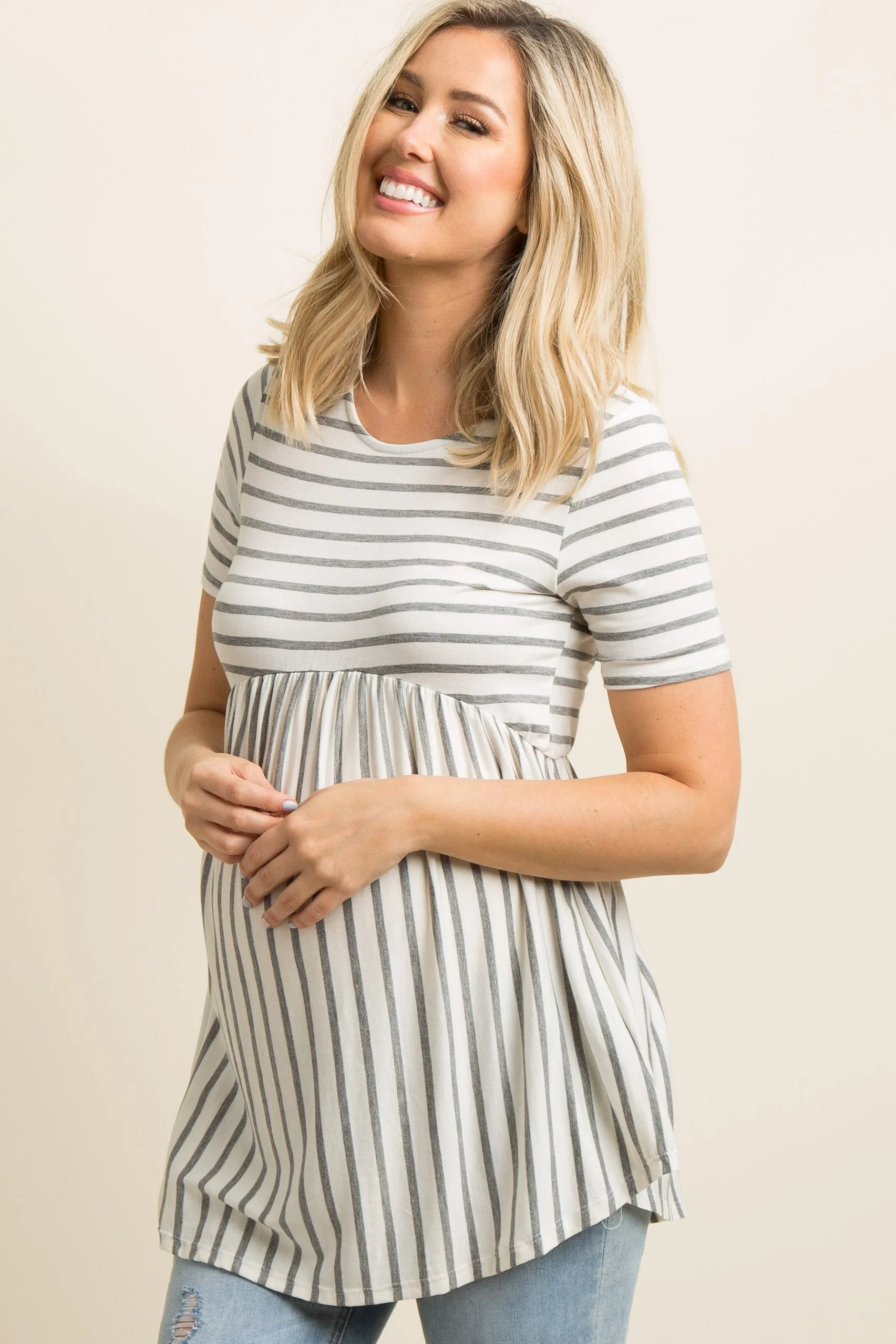 PinkBlush Grey Striped Crisscross Back Peplum Maternity Top sold by Pinkblush