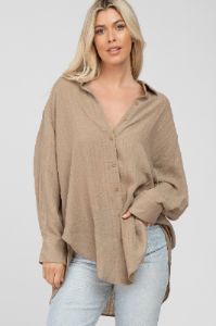 Mocha Lightweight Sheer Button Down Maternity Blouse sold by Pinkblush