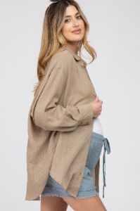 Mocha Lightweight Sheer Button Down Maternity Blouse sold by Pinkblush
